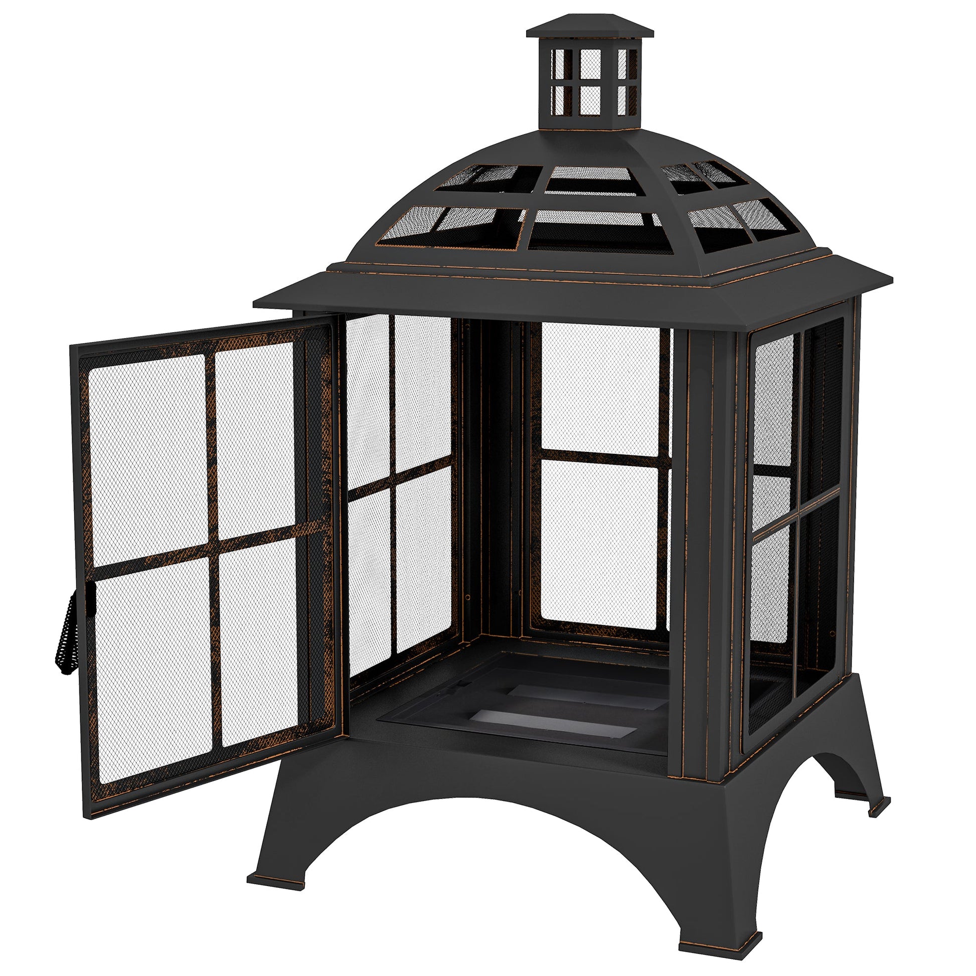 28" Fire Pit with Chimney Style, Outdoor Wood Burning Firepit with Spark Guard and Poker, Steel, Black