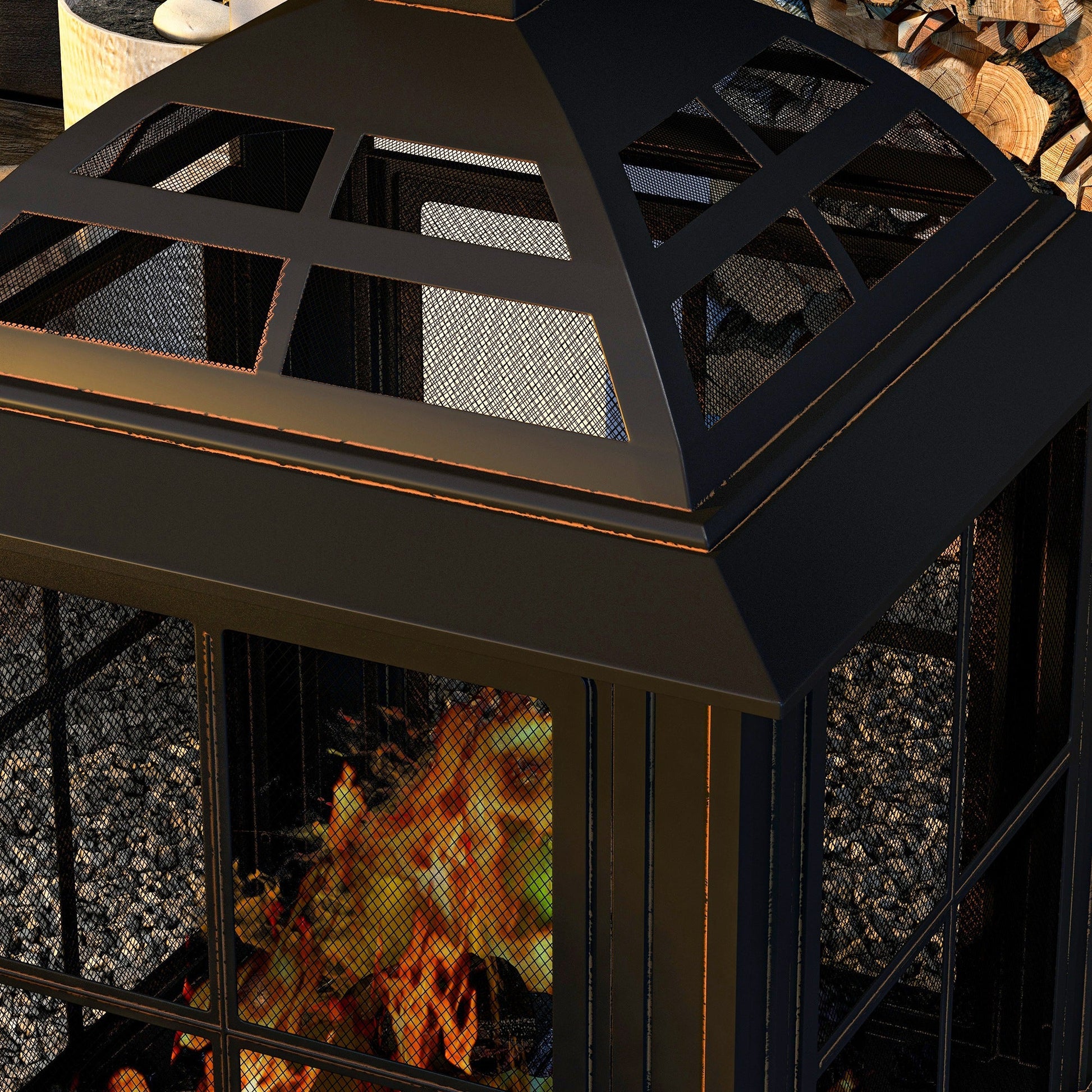 28" Fire Pit with Chimney Style, Outdoor Wood Burning Firepit with Spark Guard and Poker, Steel, Black