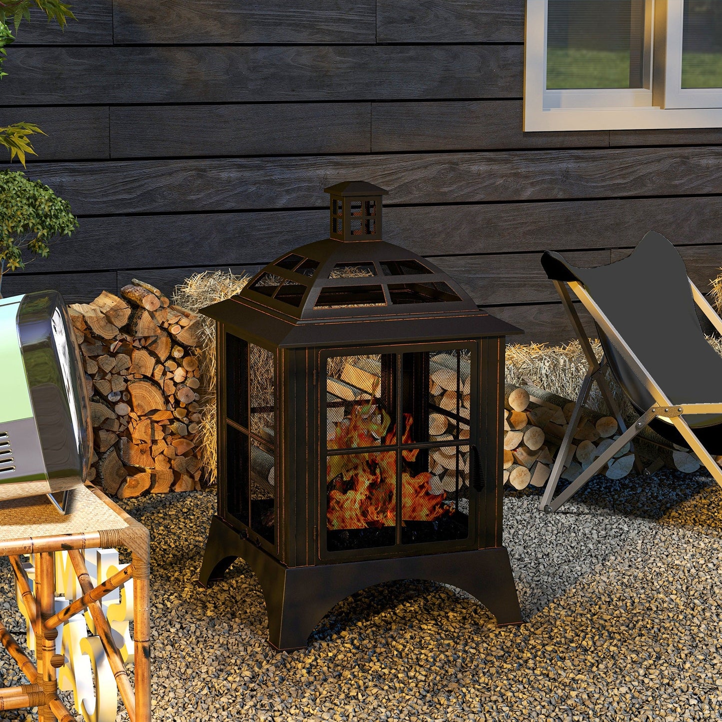 28" Fire Pit with Chimney Style, Outdoor Wood Burning Firepit with Spark Guard and Poker, Steel, Black