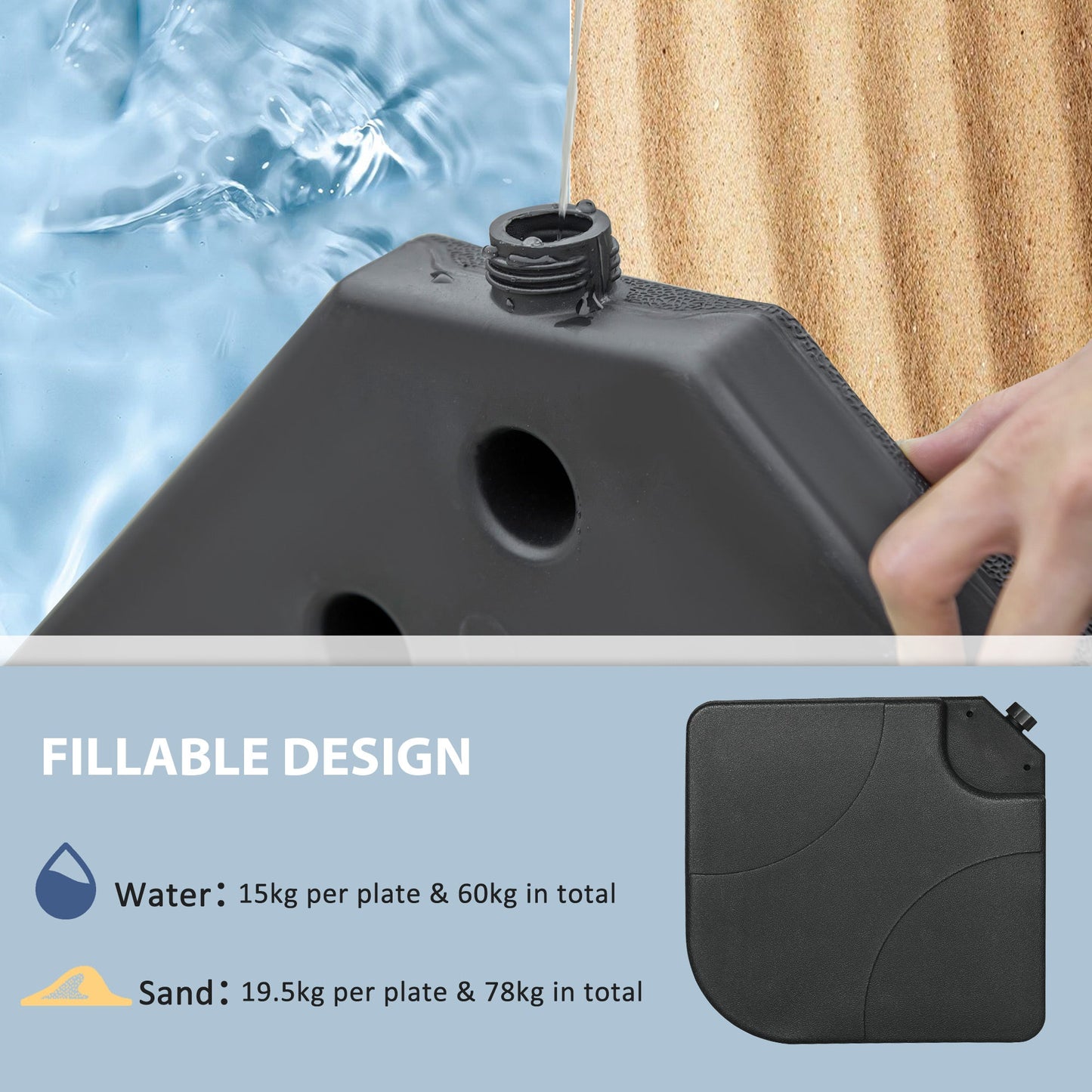 Set of 4 Parasol Base Weights for Banana Hanging Cantilever Umbrella, Water and Sand Filled Umbrella Base Stand, Up to 172lbs., Black