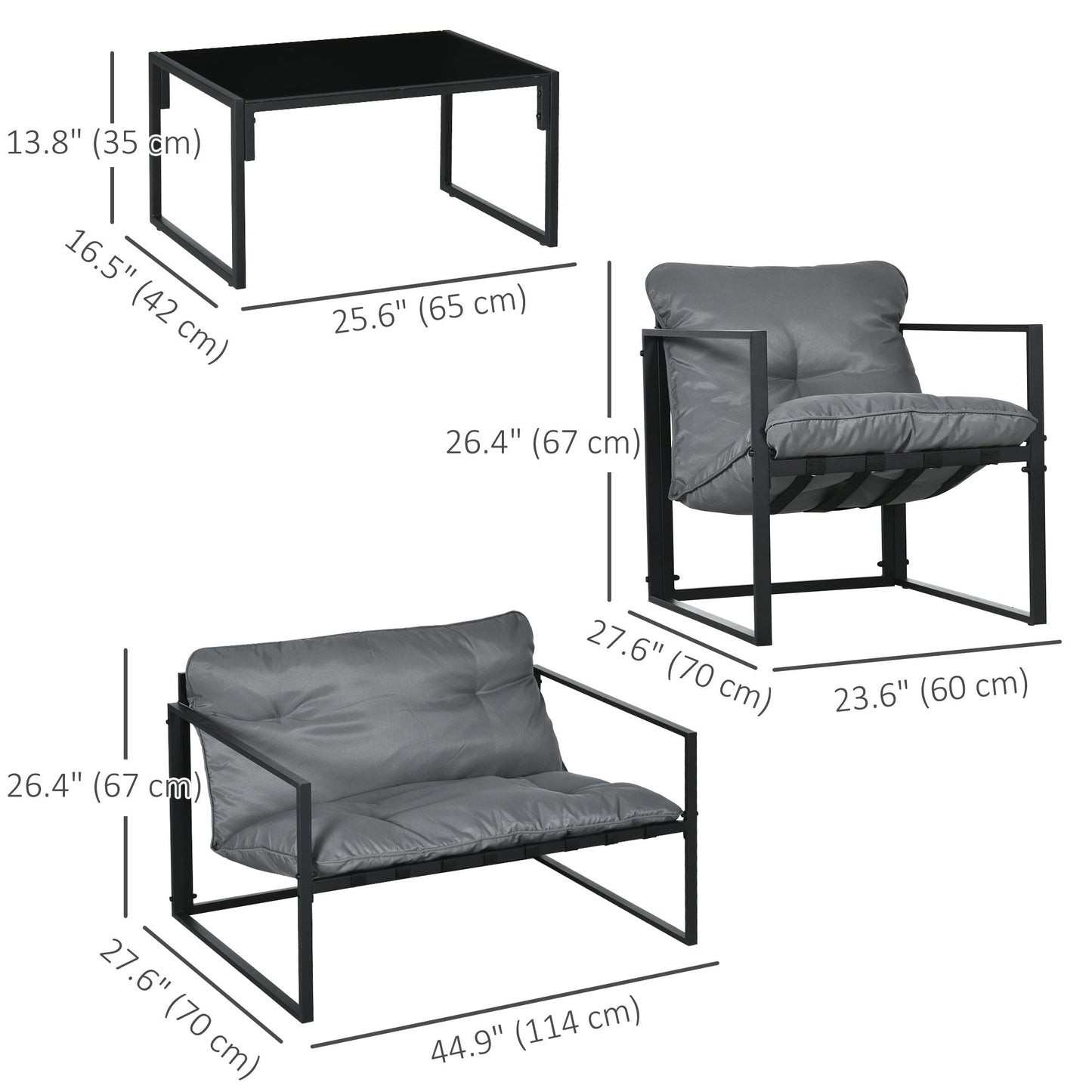 4 Piece Patio Furniture Set, Outdoor Conversation Set with Tempered Glass Table, Sofa, 2 Chairs and Cushions, Grey