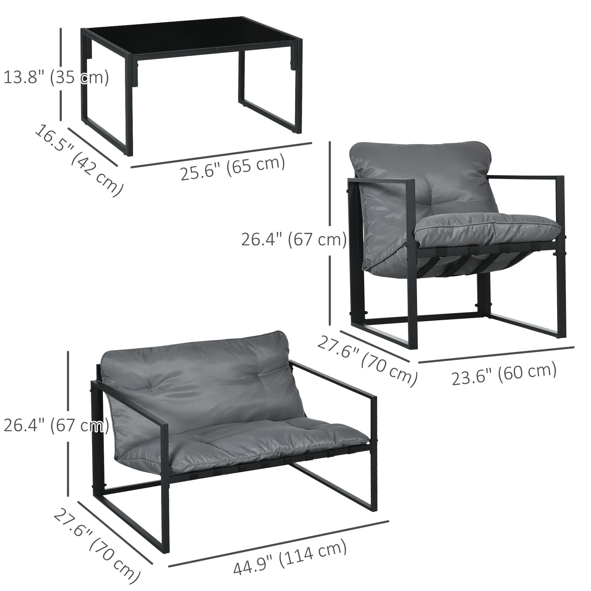 4 Piece Patio Furniture Set, Outdoor Conversation Set with Tempered Glass Table, Sofa, 2 Chairs and Cushions, Grey