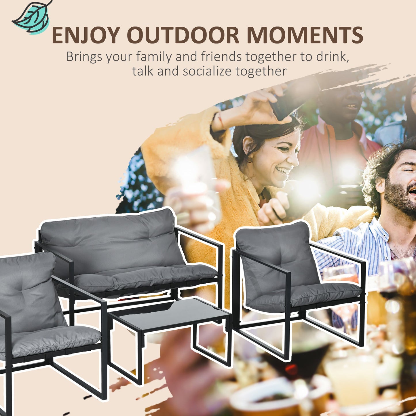 4 Piece Patio Furniture Set, Outdoor Conversation Set with Tempered Glass Table, Sofa, 2 Chairs and Cushions, Grey