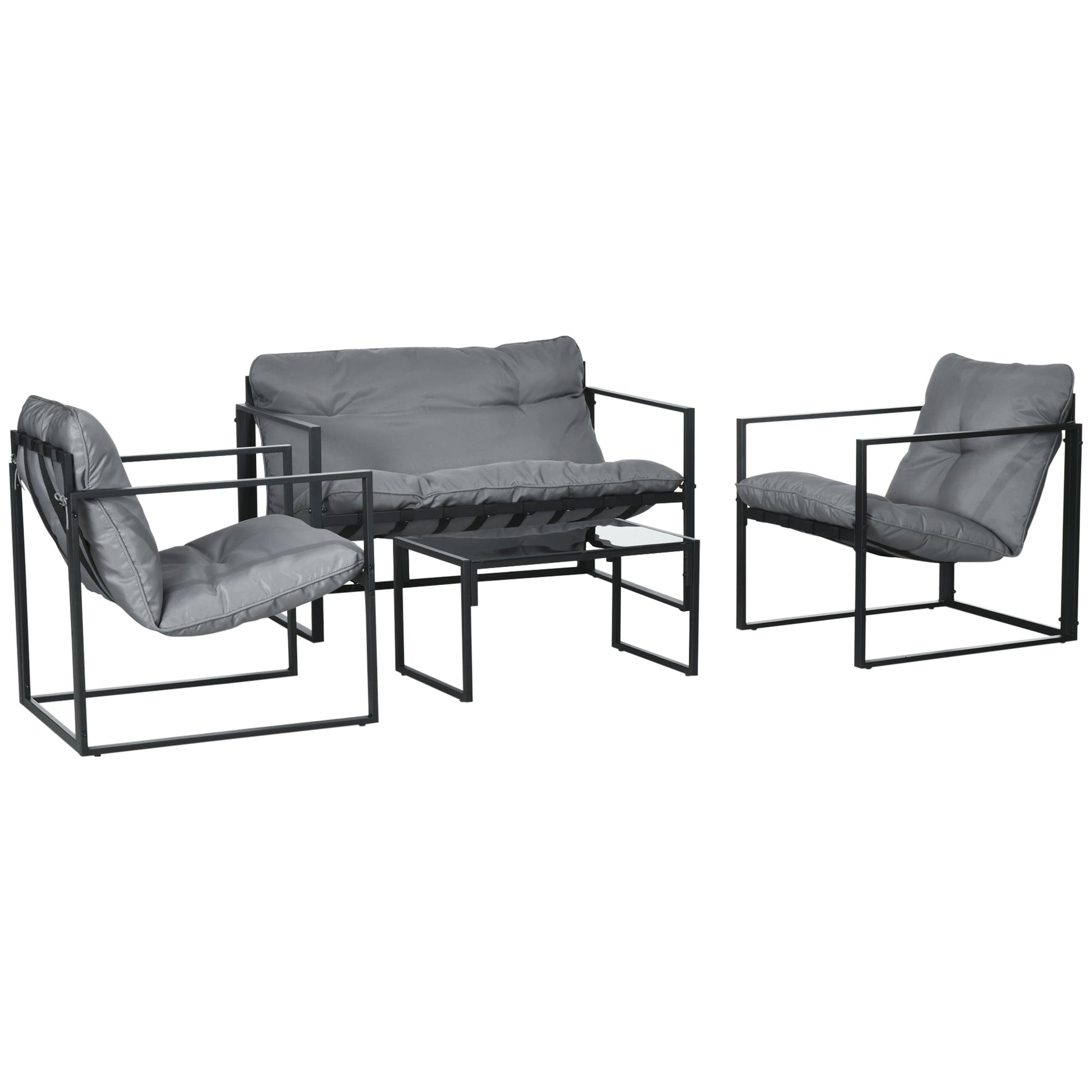 4 Piece Patio Furniture Set, Outdoor Conversation Set with Tempered Glass Table, Sofa, 2 Chairs and Cushions, Grey