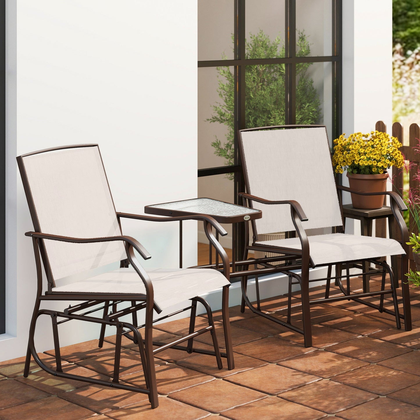 Double Patio Glider Chair with Glass Top Center Table, Outdoor Glider Loveseat with High Back,  All Weather Breathable Mesh Fabric for Garden, Backyard, Deck, Beige