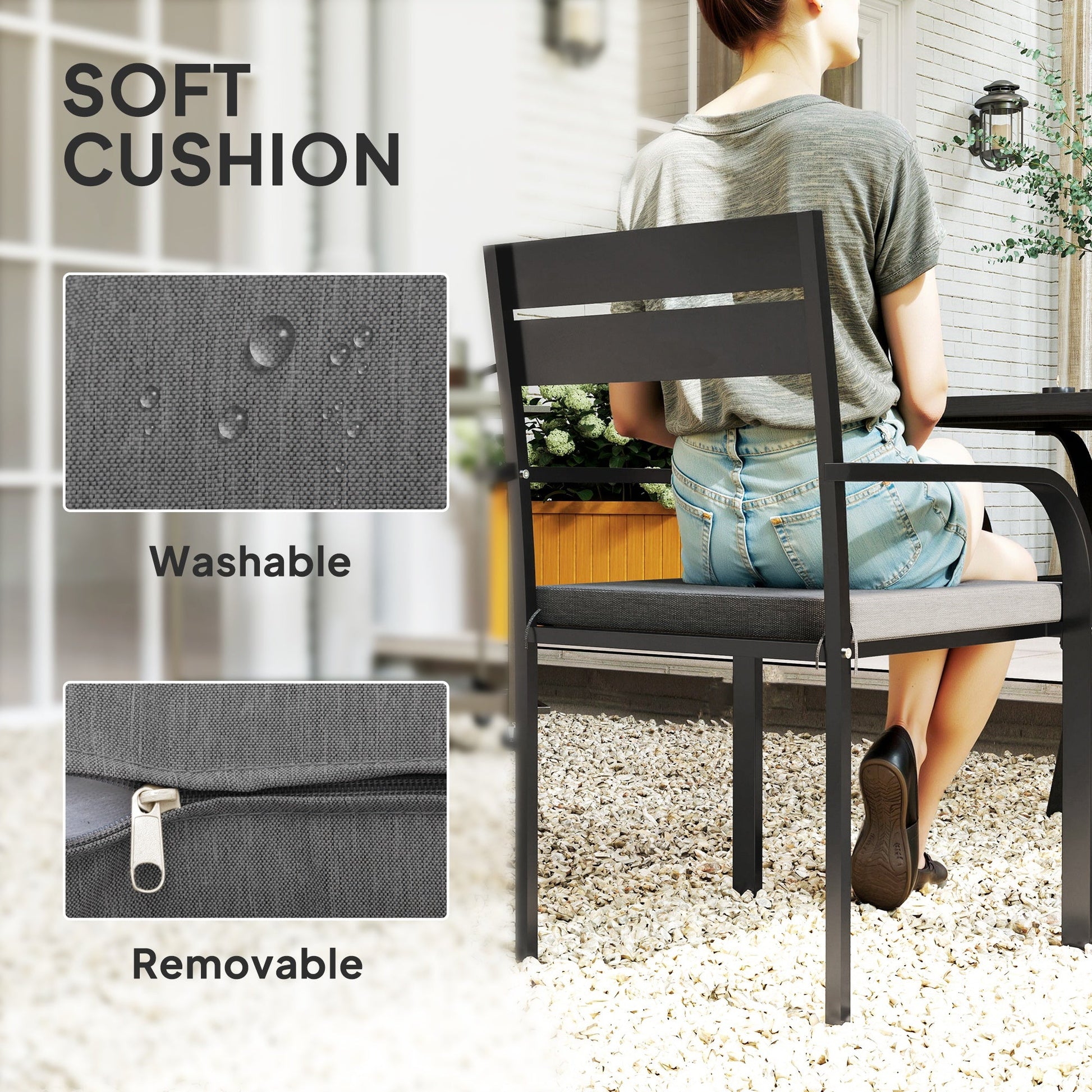2 Pcs Aluminum Outdoor Dining Chairs, Patio Stackable Chairs with Soft Cushion, for Deck, Garden, Balcony, Poolside, Grey