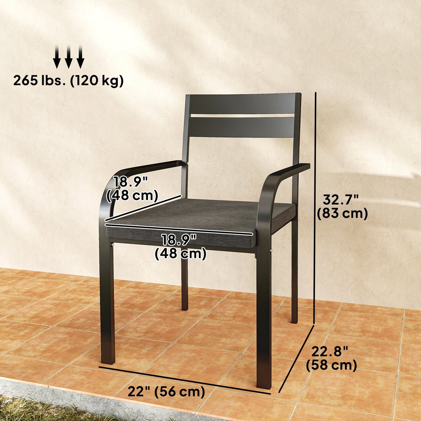 2 Pcs Aluminum Outdoor Dining Chairs, Patio Stackable Chairs with Soft Cushion, for Deck, Garden, Balcony, Poolside, Grey