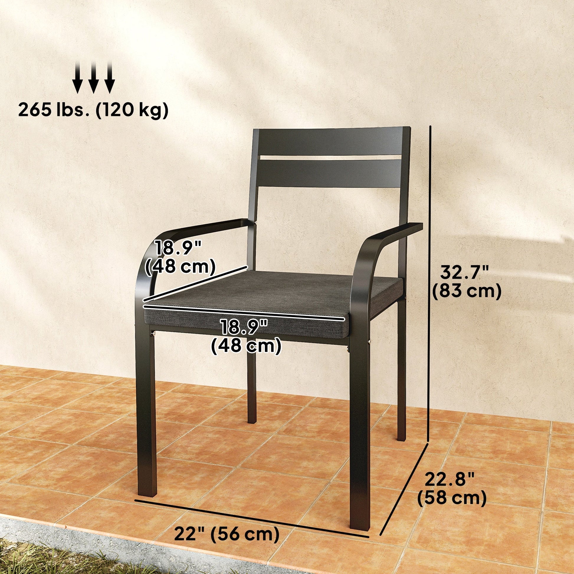 2 Pcs Aluminum Outdoor Dining Chairs, Patio Stackable Chairs with Soft Cushion, for Deck, Garden, Balcony, Poolside, Grey