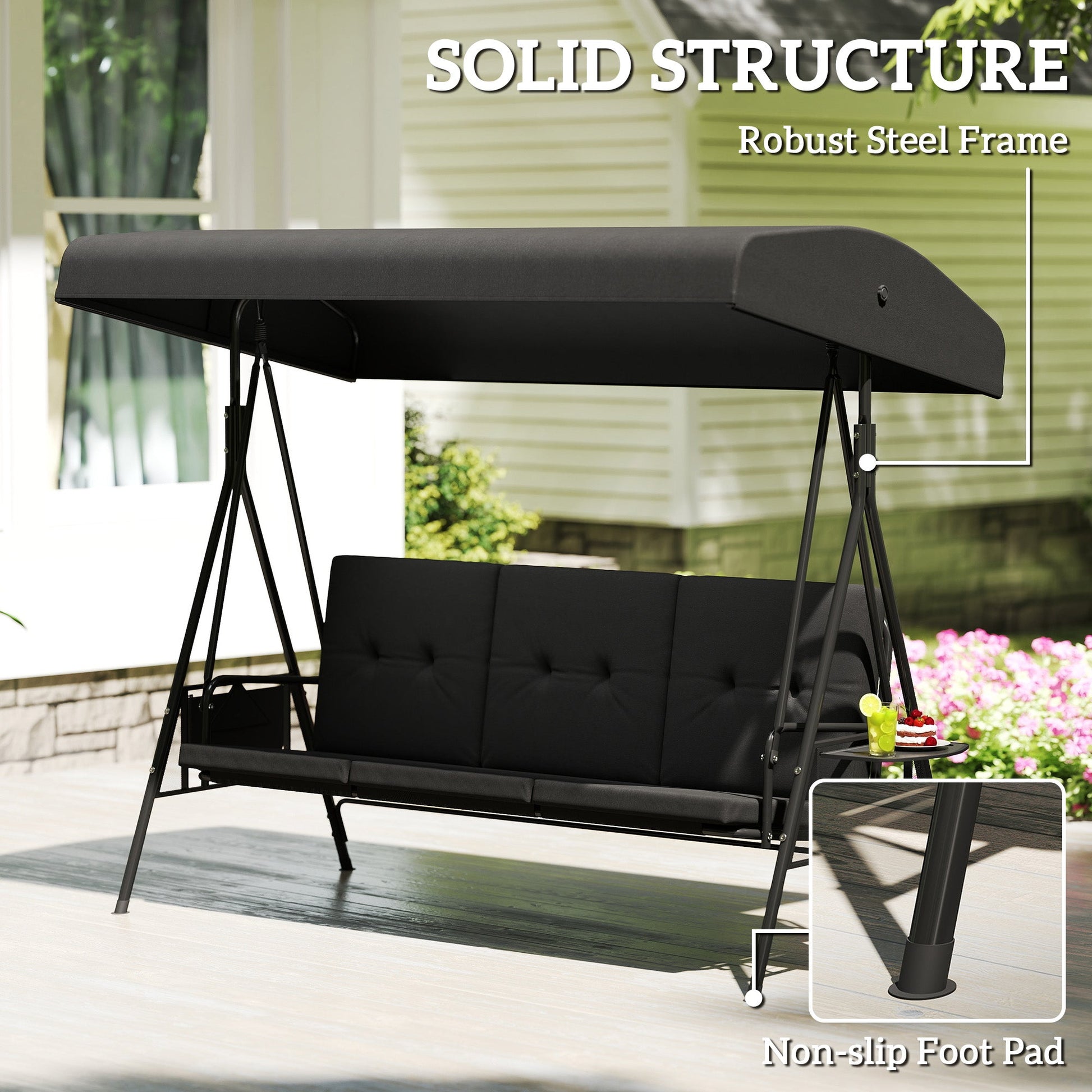 3-Seat Patio Swing Chair, Outdoor Porch Swing Glider with Adjustable Canopy, Side Tray, Removable Cushion, Steel Frame, Breathable Mesh Seat for Garden, Poolside, Black