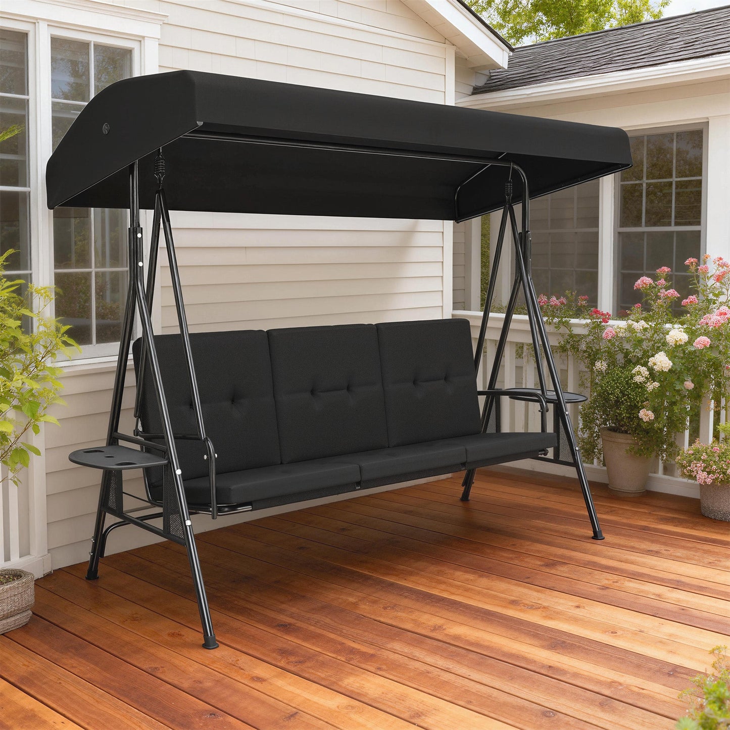 3-Seat Patio Swing Chair, Outdoor Porch Swing Glider with Adjustable Canopy, Side Tray, Removable Cushion, Steel Frame, Breathable Mesh Seat for Garden, Poolside, Black