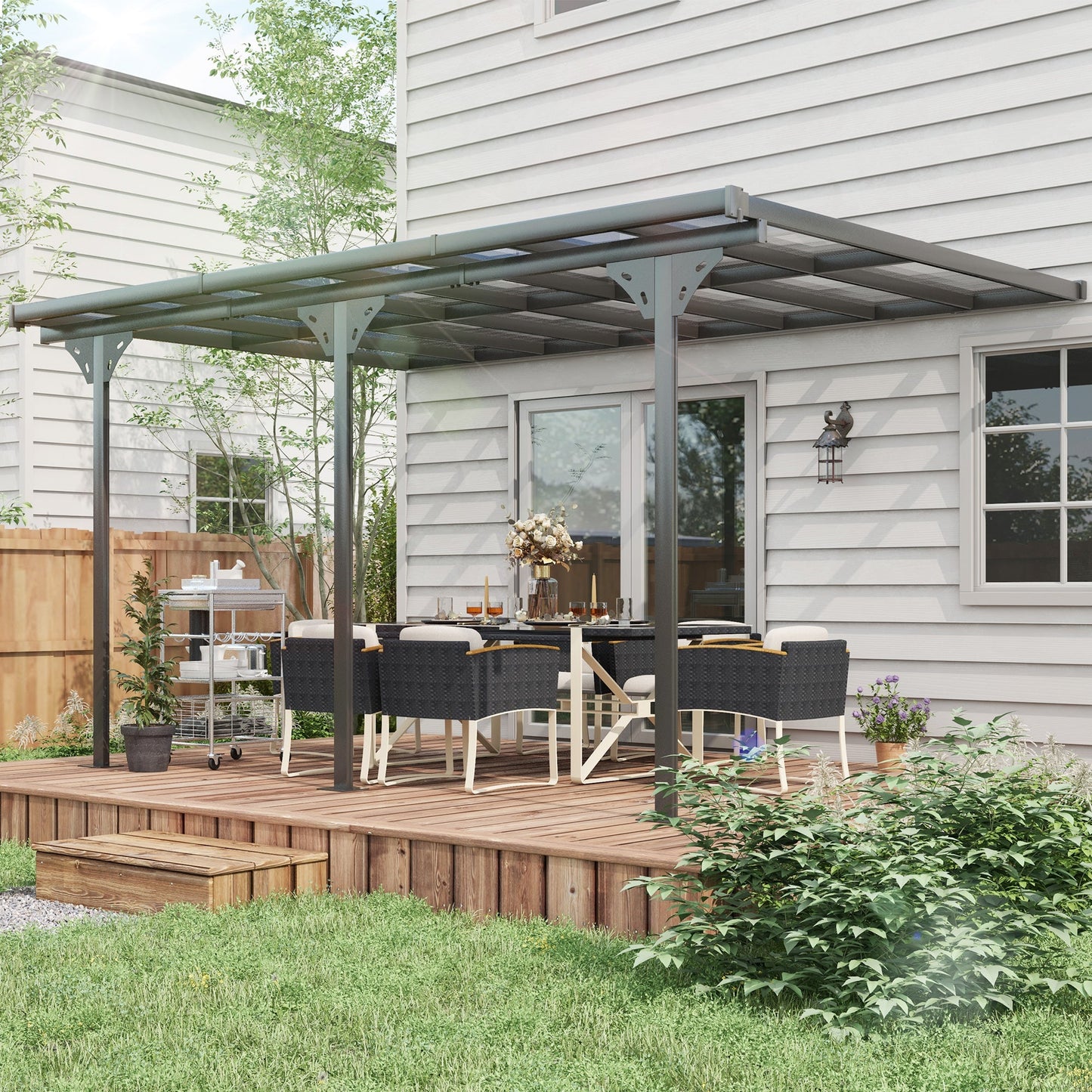 14' x 10' Outdoor Lean to Hardtop Pergola with Polycarbonate Roof, Wall Mounted Gazebo with Adjustable Height, Aluminum Frame, and UV Protection, Grey