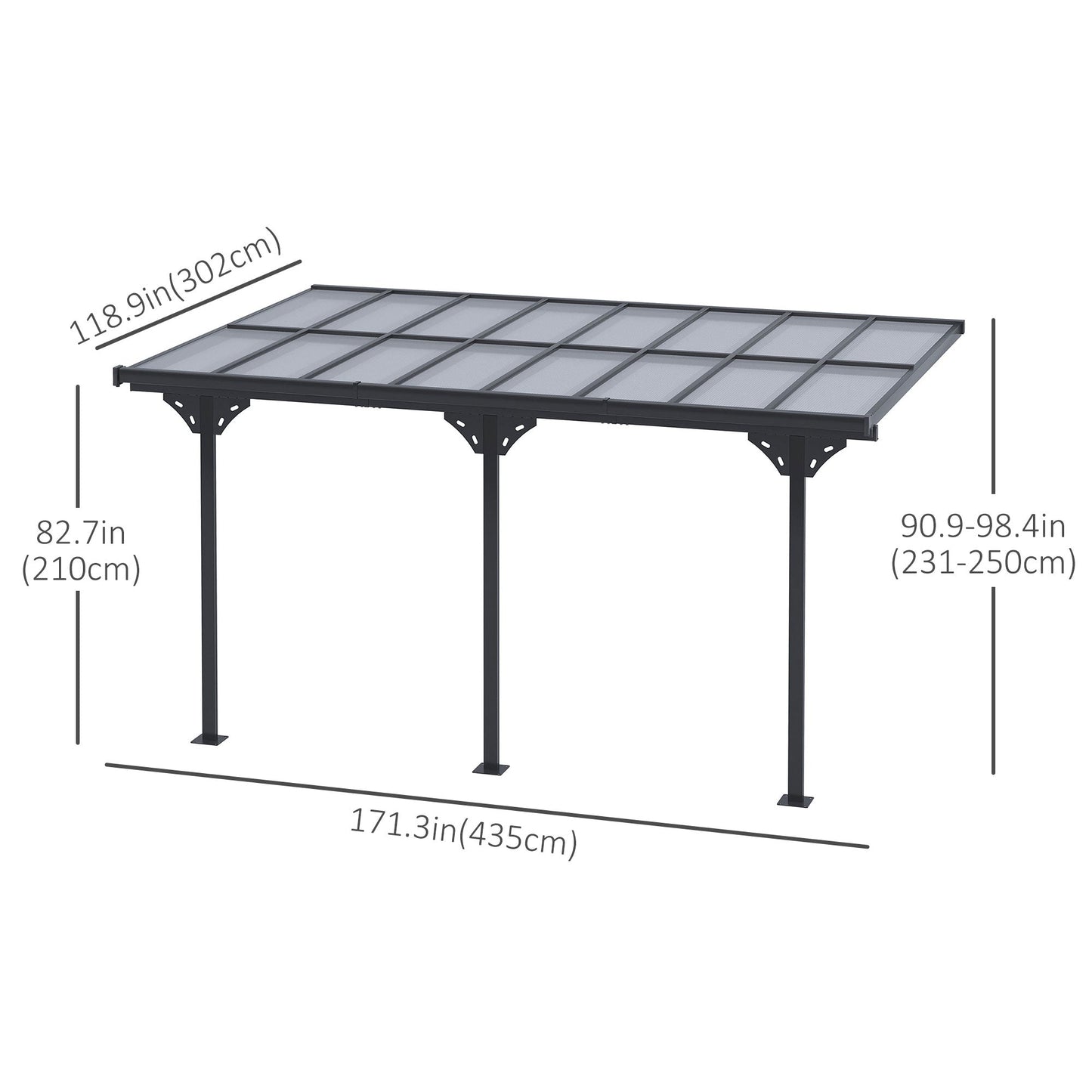 14' x 10' Outdoor Lean to Hardtop Pergola with Polycarbonate Roof, Wall Mounted Gazebo with Adjustable Height, Aluminum Frame, and UV Protection, Grey