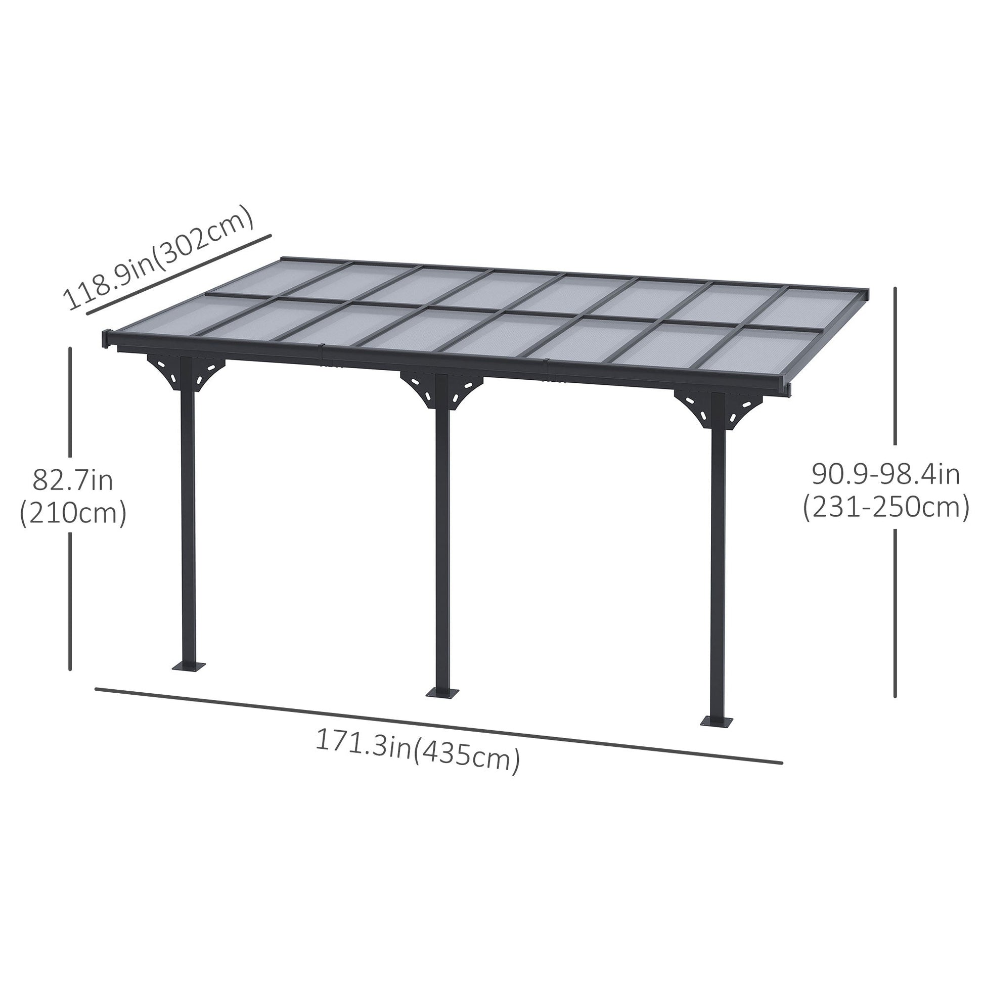 14' x 10' Outdoor Lean to Hardtop Pergola with Polycarbonate Roof, Wall Mounted Gazebo with Adjustable Height, Aluminum Frame, and UV Protection, Grey