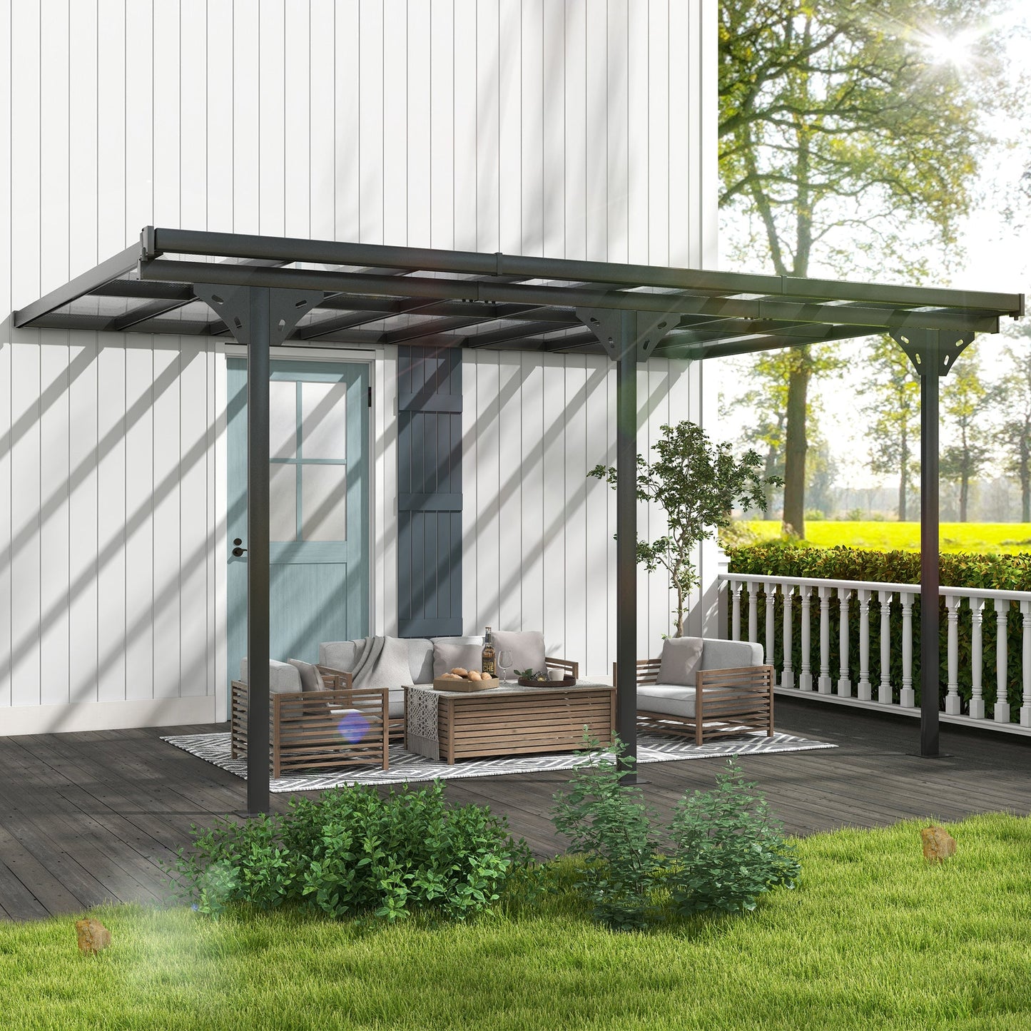 14' x 10' Outdoor Lean to Hardtop Pergola with Polycarbonate Roof, Wall Mounted Gazebo with Adjustable Height, Aluminum Frame, and UV Protection, Grey