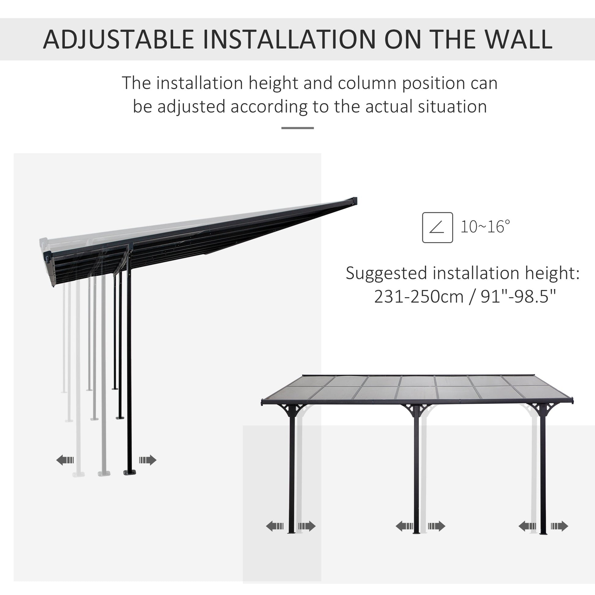 14' x 10' Outdoor Lean to Hardtop Pergola with Polycarbonate Roof, Wall Mounted Gazebo with Adjustable Height, Aluminum Frame, and UV Protection, Grey