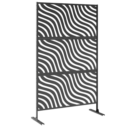 Metal Outdoor Privacy Screen, 78" x 48" Freestanding Outdoor Divider with Stand, Decorative Privacy Panel with Ripple Cut-out Design for Garden Patio Backyard, Black