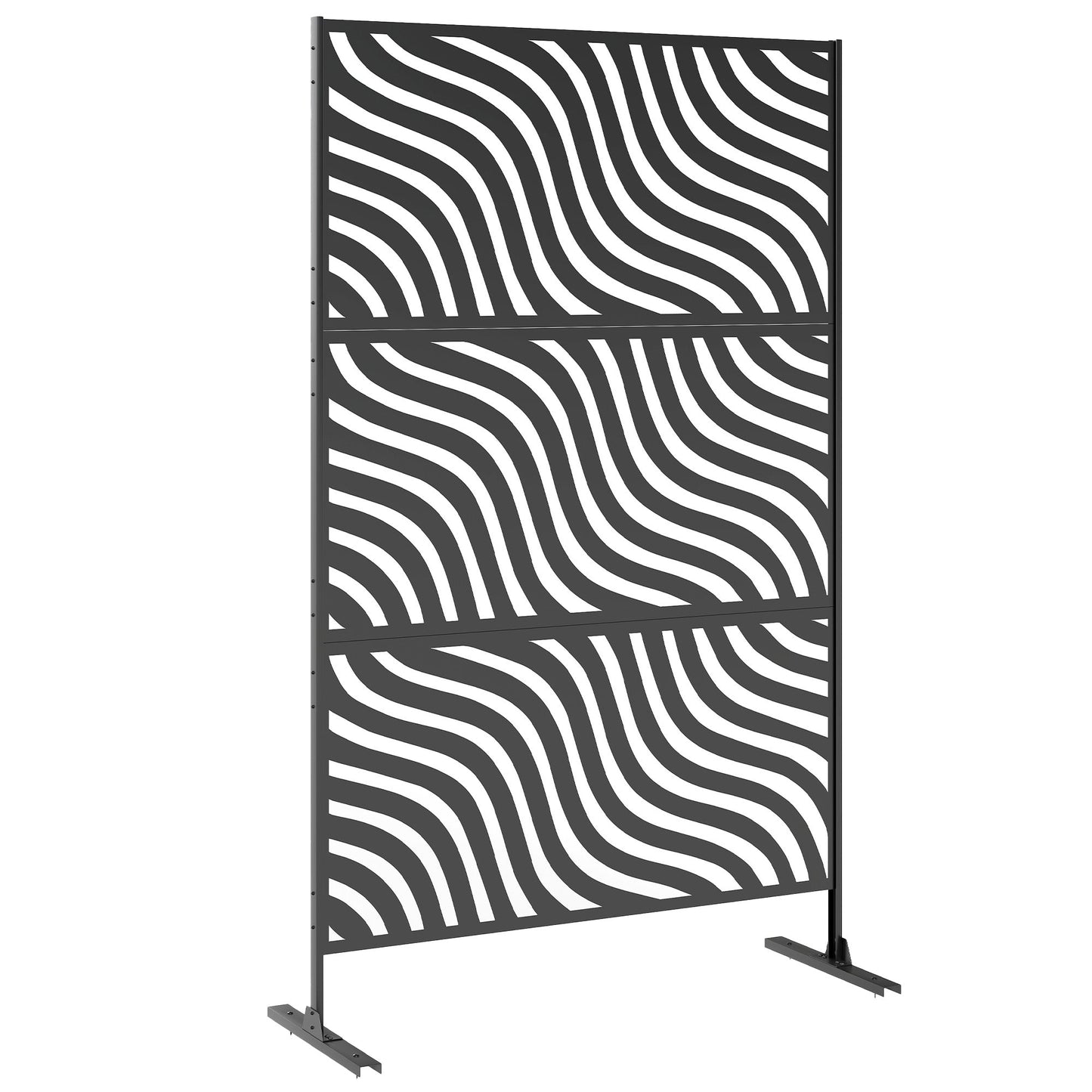 Metal Outdoor Privacy Screen, 78" x 48" Freestanding Outdoor Divider with Stand, Decorative Privacy Panel with Ripple Cut-out Design for Garden Patio Backyard, Black