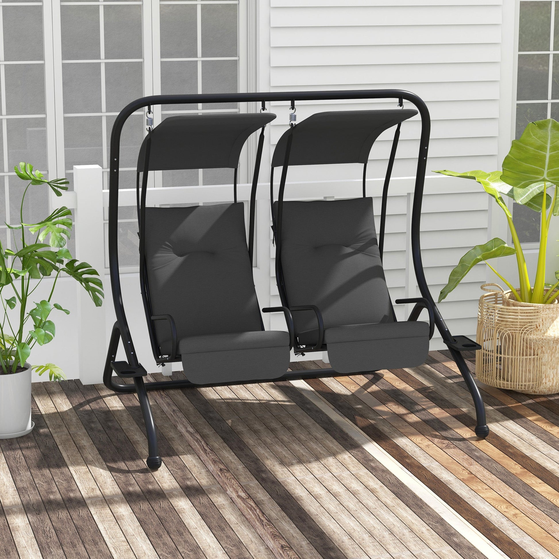 Luxury Patio Swing Metal Outdoor Porch Swing Chair 2 Separated Seater Hammock Heavy-Duty with Canopy and Cushions, Grey