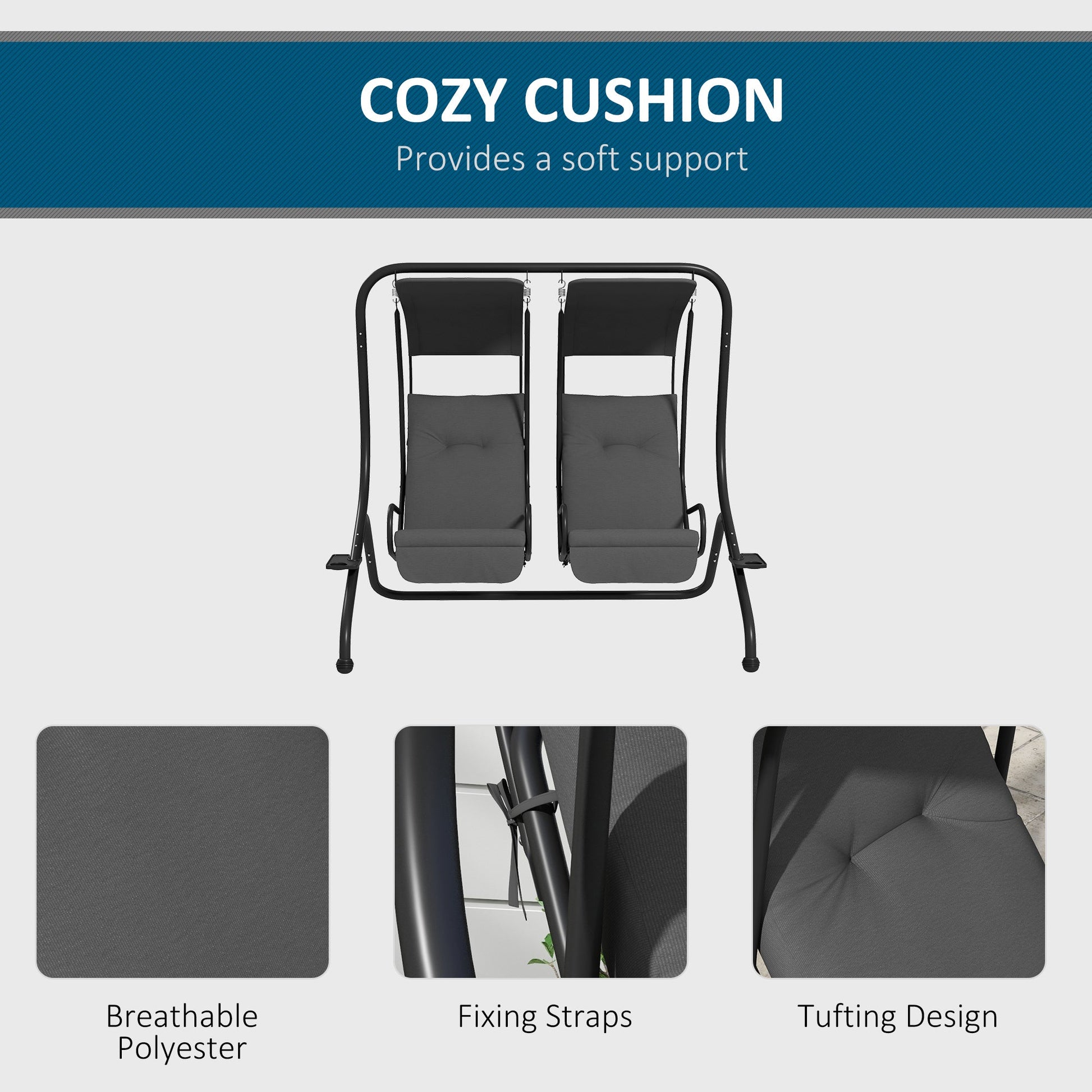 Luxury Patio Swing Metal Outdoor Porch Swing Chair 2 Separated Seater Hammock Heavy-Duty with Canopy and Cushions, Grey