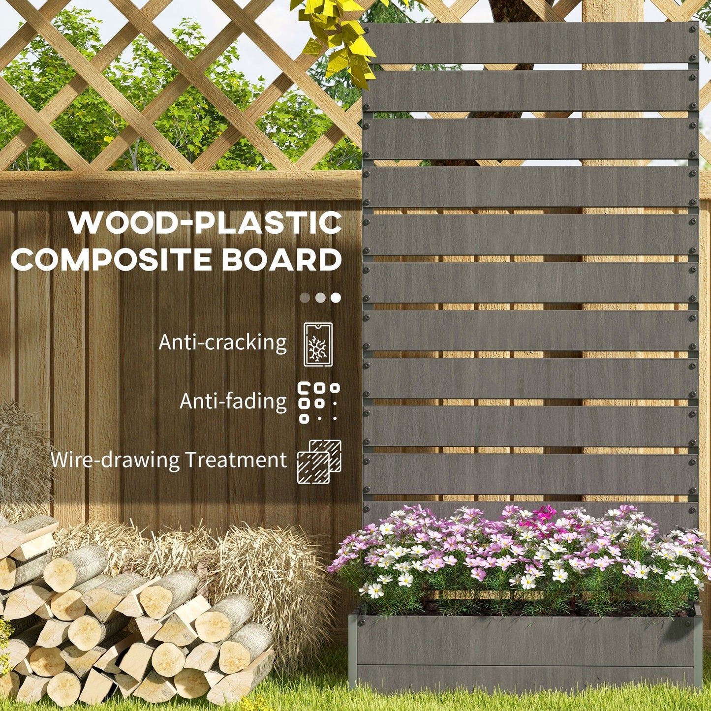 Raised Garden Bed with Trellis for Climbing Plants, 35.6" x 15" x 70.9" Planter Box with Self Draining Gap, Freestanding Trellis Planter for Outdoor, Patio, Dark Grey
