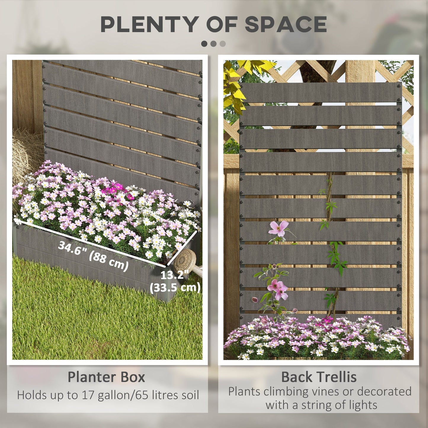 Raised Garden Bed with Trellis for Climbing Plants, 35.6" x 15" x 70.9" Planter Box with Self Draining Gap, Freestanding Trellis Planter for Outdoor, Patio, Dark Grey