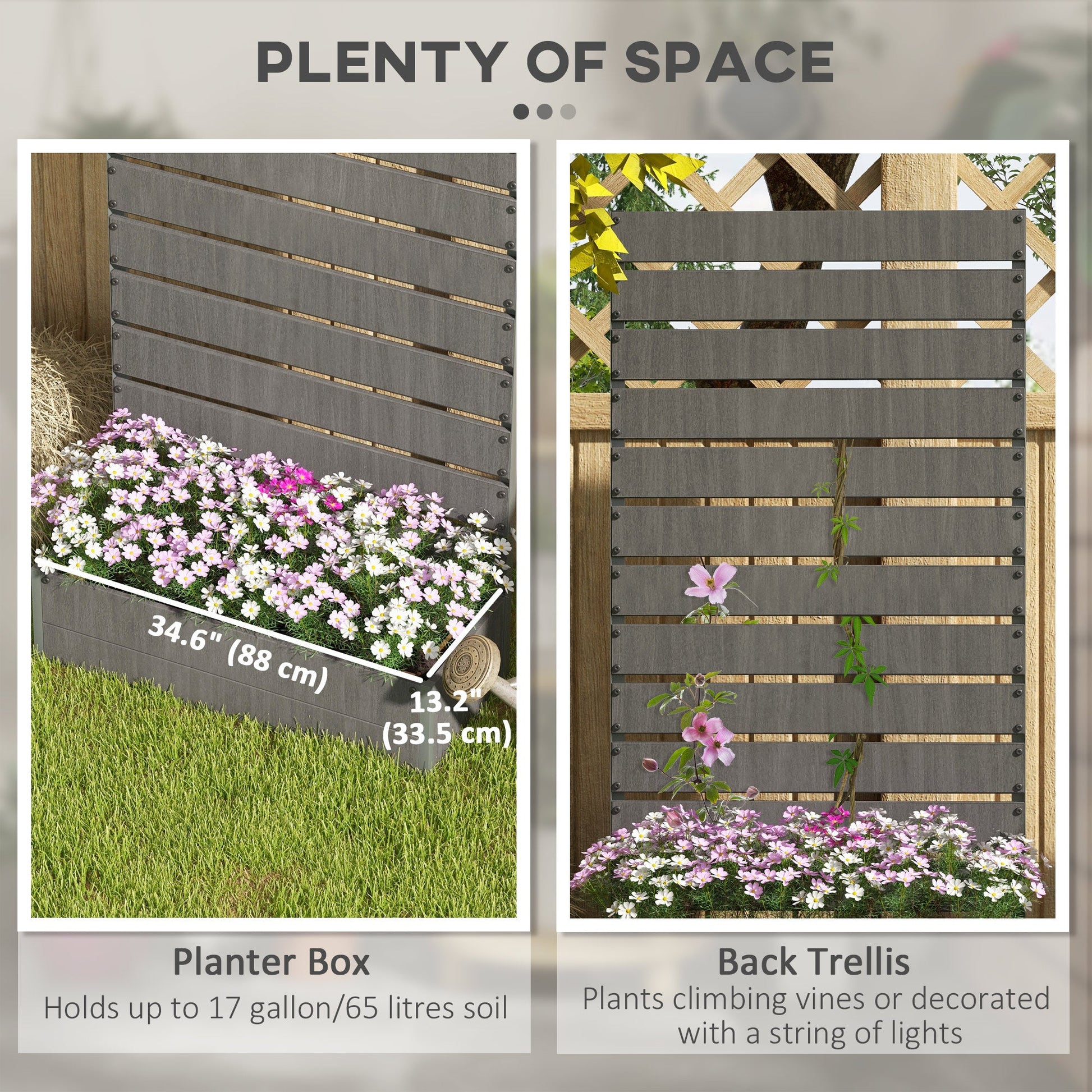 Raised Garden Bed with Trellis for Climbing Plants, 35.6" x 15" x 70.9" Planter Box with Self Draining Gap, Freestanding Trellis Planter for Outdoor, Patio, Dark Grey