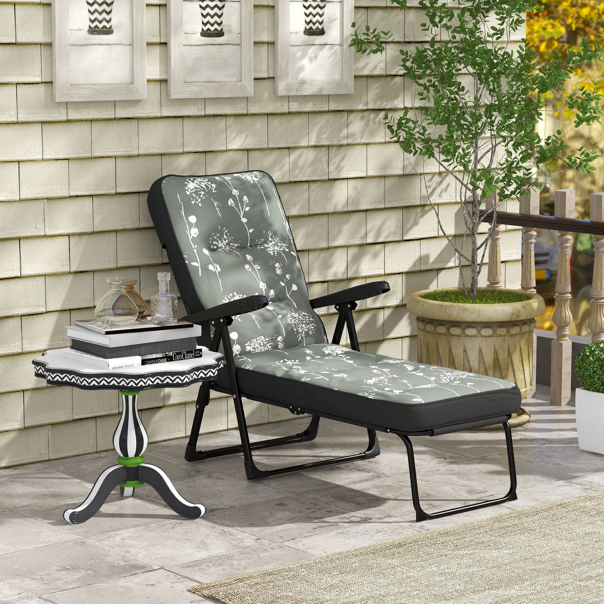 Outdoor Lounge Chair with Padded Cushion, Folding Reclining Patio Garden Chair with Recline Back, Footrest, for Poolside, Patio, Grey