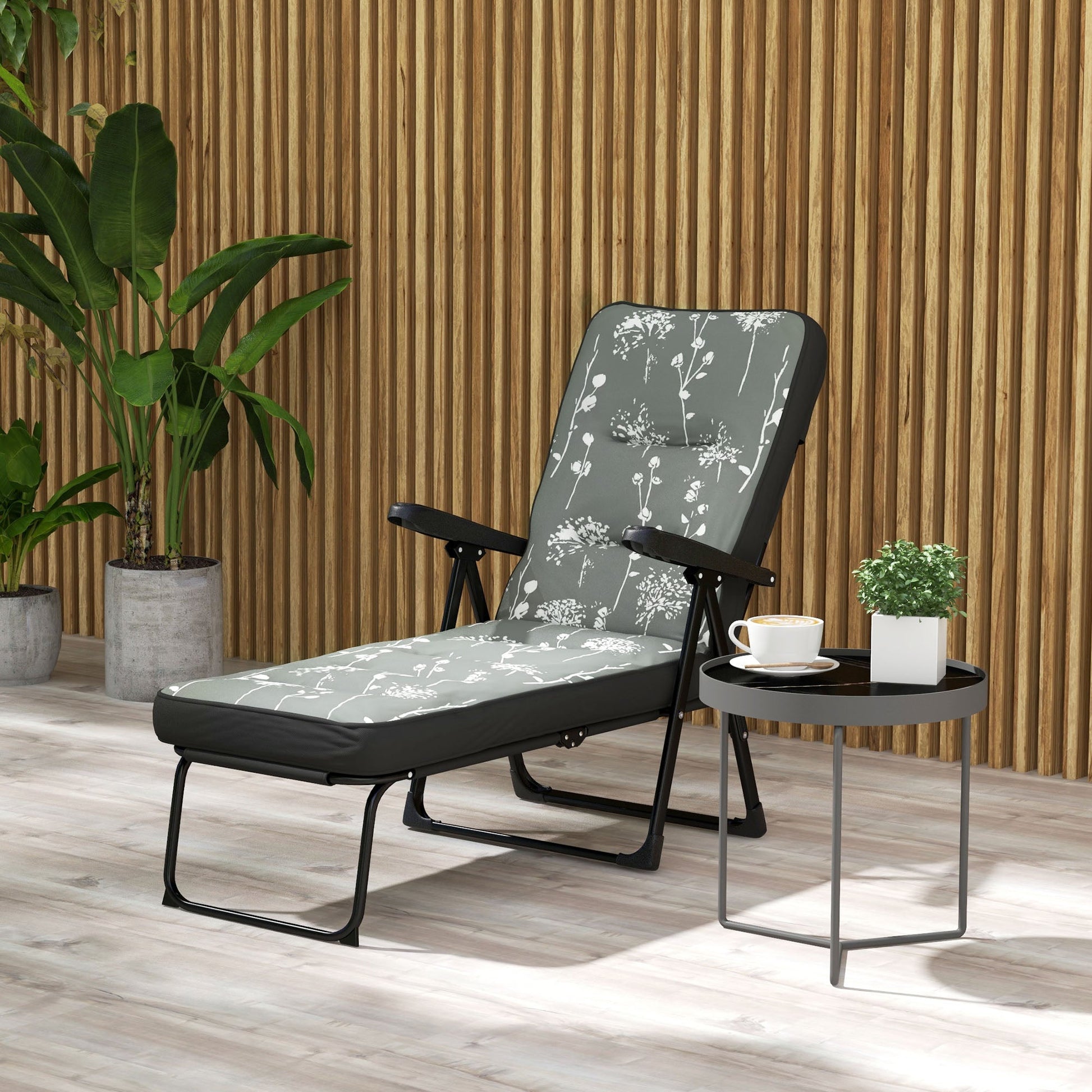 Outdoor Lounge Chair with Padded Cushion, Folding Reclining Patio Garden Chair with Recline Back, Footrest, for Poolside, Patio, Grey