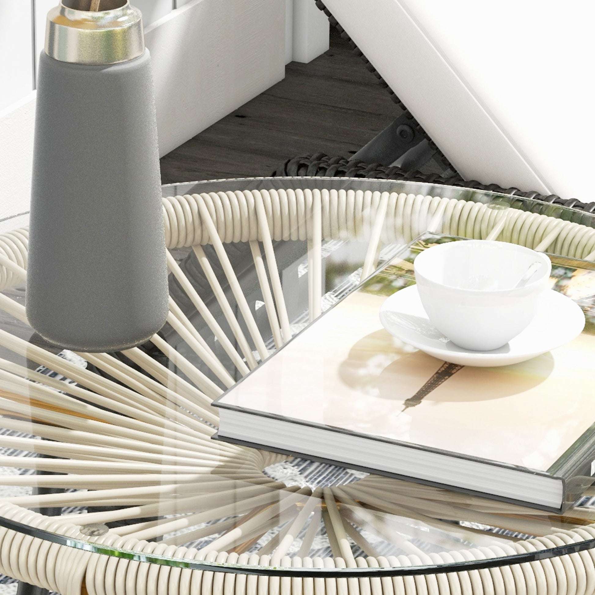 Rattan Side Table, Outdoor Round Coffee Table, with Round PE Rattan and Tempered Glass Tabletop for Patio, Garden, Balcony, Cream White