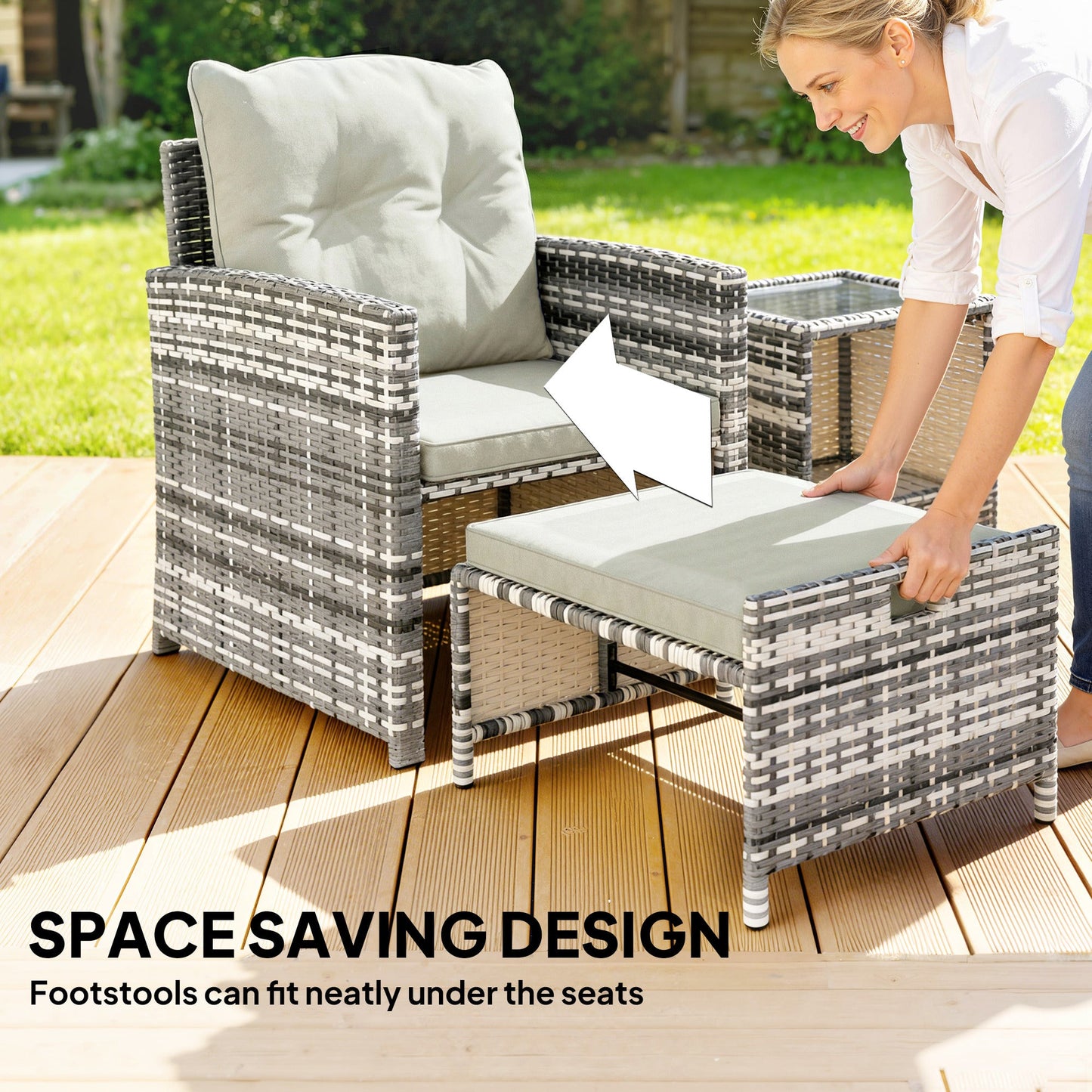 5 Piece Patio Furniture Set, Wicker Patio Chairs with Ottomans, 2-Tier Glass Coffee Table, Cushions, Outdoor Patio Furniture Conversation Set for Balcony, Grey/Cream White