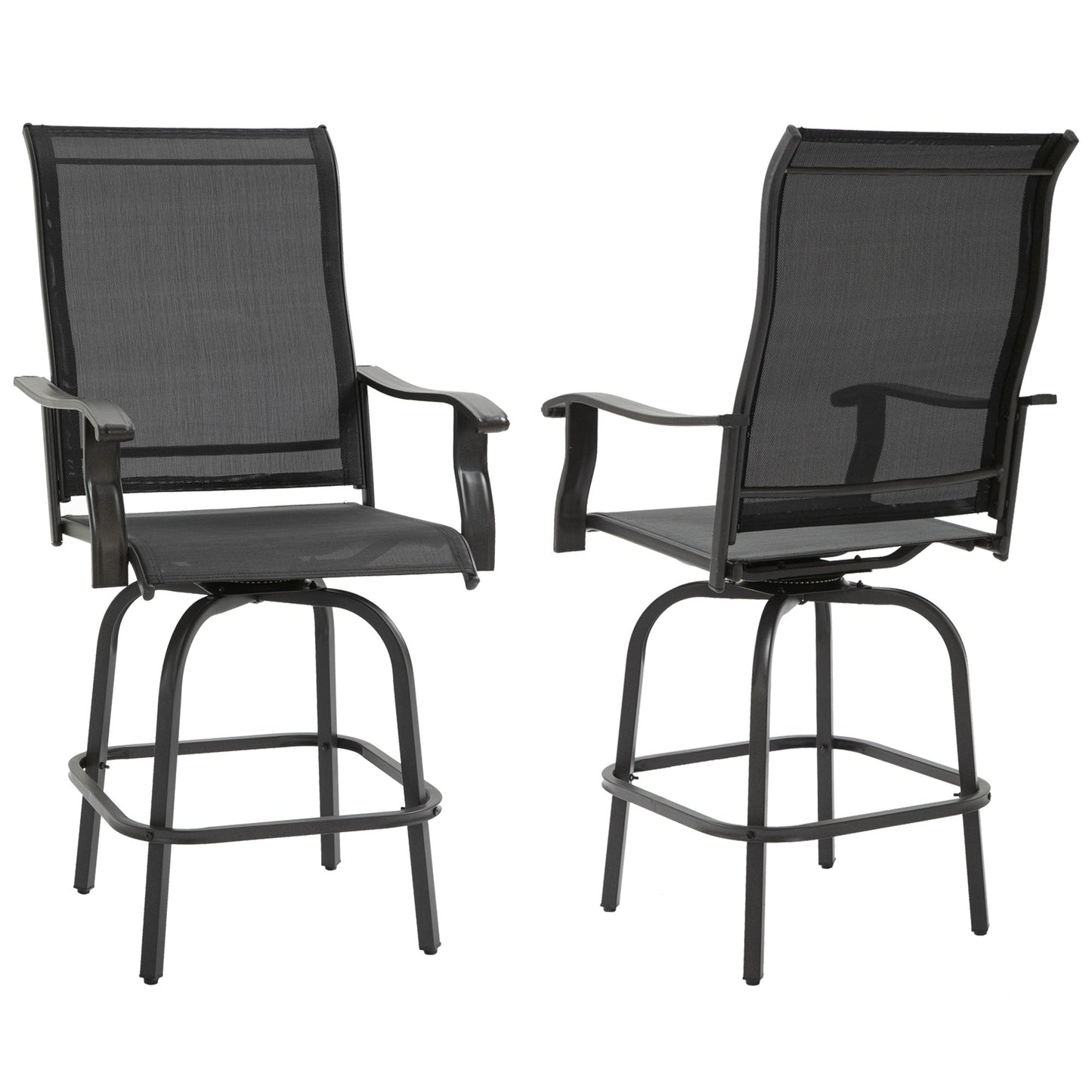 Outdoor Swivel Bar Stools Set of 2, 2 Piece Bar Height Patio Chairs with High Back, Curved Armrests and Steel Frame for Balcony, Poolside, Backyard, Black