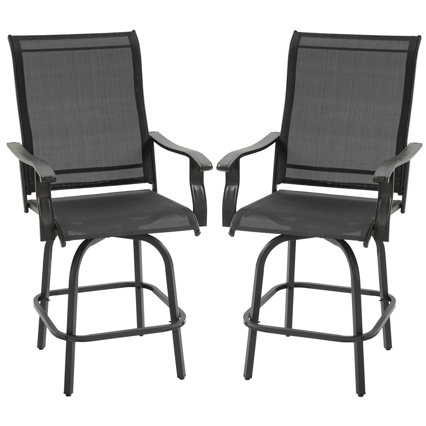 Outdoor Swivel Bar Stools Set of 2, 2 Piece Bar Height Patio Chairs with High Back, Curved Armrests and Steel Frame for Balcony, Poolside, Backyard, Black
