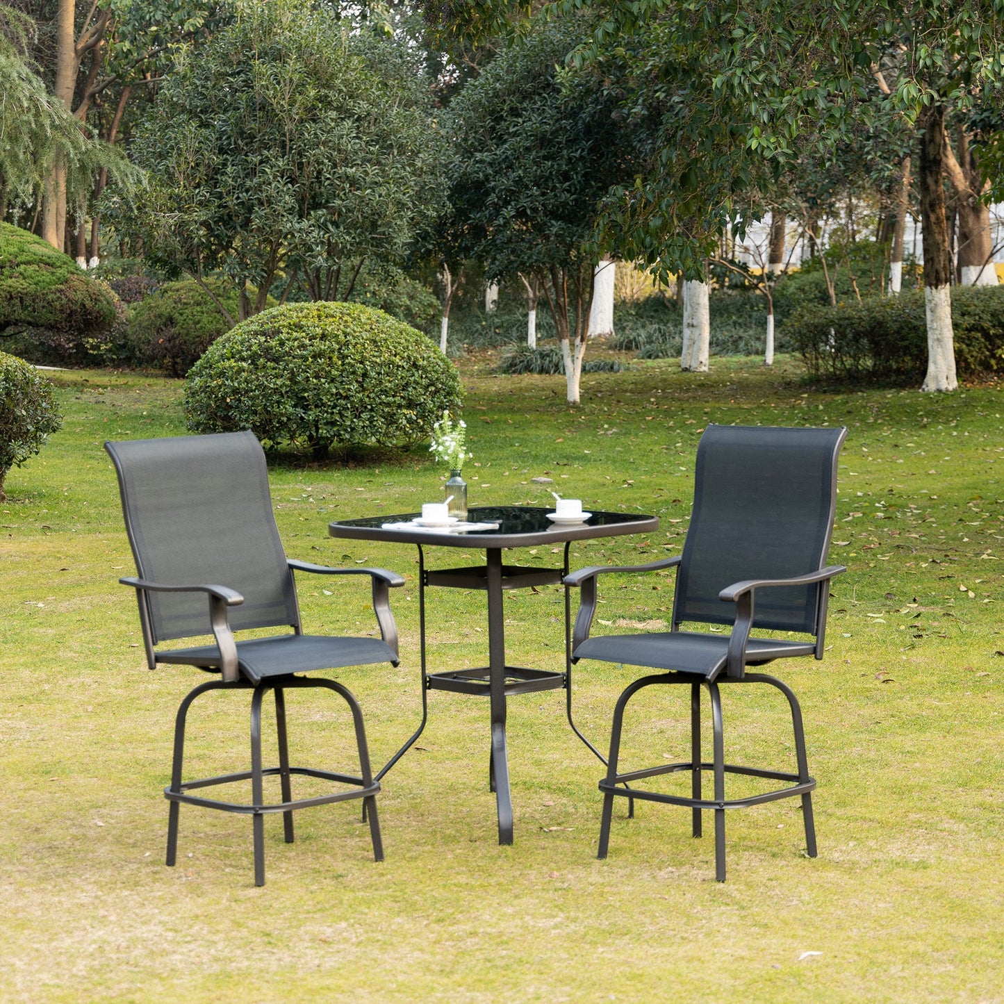 Outdoor Swivel Bar Stools Set of 2, 2 Piece Bar Height Patio Chairs with High Back, Curved Armrests and Steel Frame for Balcony, Poolside, Backyard, Black