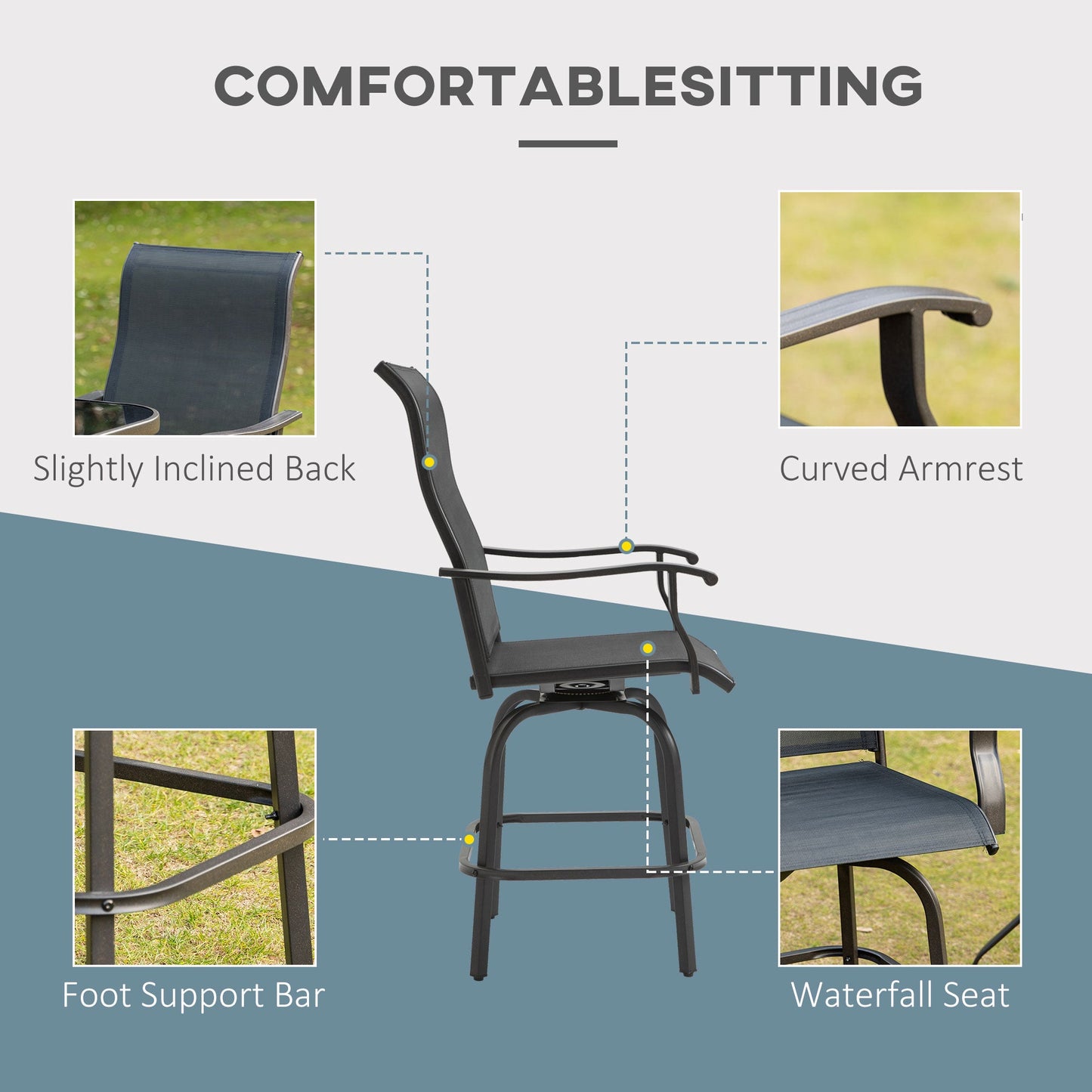 Outdoor Swivel Bar Stools Set of 2, 2 Piece Bar Height Patio Chairs with High Back, Curved Armrests and Steel Frame for Balcony, Poolside, Backyard, Black