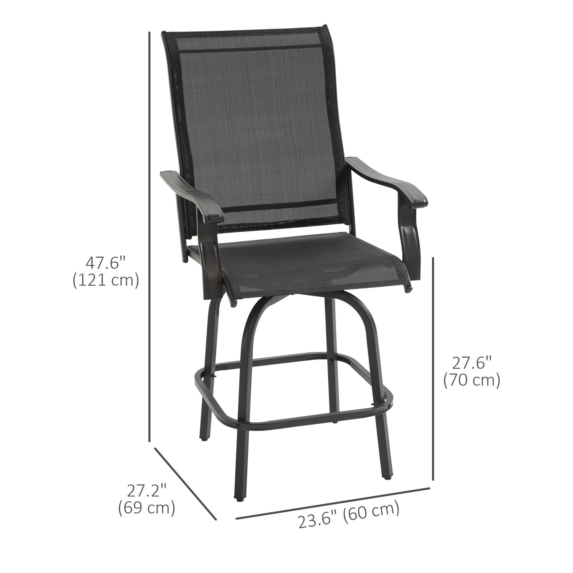 Outdoor Swivel Bar Stools Set of 2, 2 Piece Bar Height Patio Chairs with High Back, Curved Armrests and Steel Frame for Balcony, Poolside, Backyard, Black