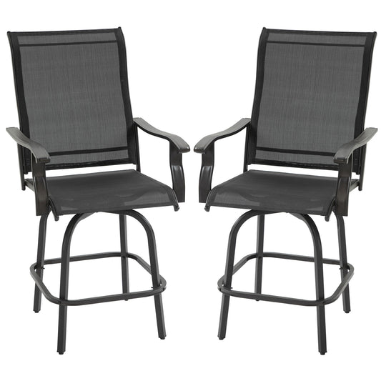 Outdoor Swivel Bar Stools Set of 2, 2 Piece Bar Height Patio Chairs with High Back, Curved Armrests and Steel Frame for Balcony, Poolside, Backyard, Black