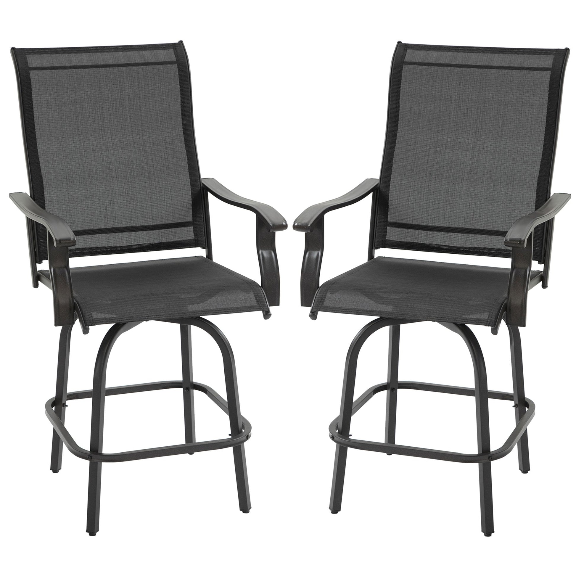Outdoor Swivel Bar Stools Set of 2, 2 Piece Bar Height Patio Chairs with High Back, Curved Armrests and Steel Frame for Balcony, Poolside, Backyard, Black