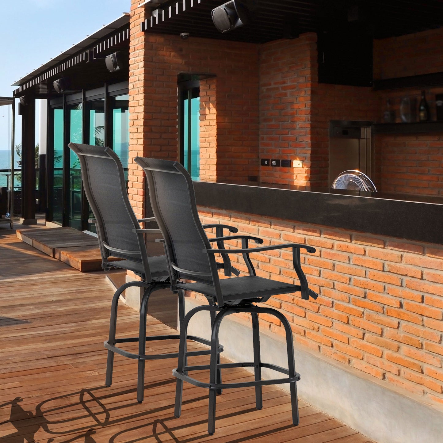 Outdoor Swivel Bar Stools Set of 2, 2 Piece Bar Height Patio Chairs with High Back, Curved Armrests and Steel Frame for Balcony, Poolside, Backyard, Black