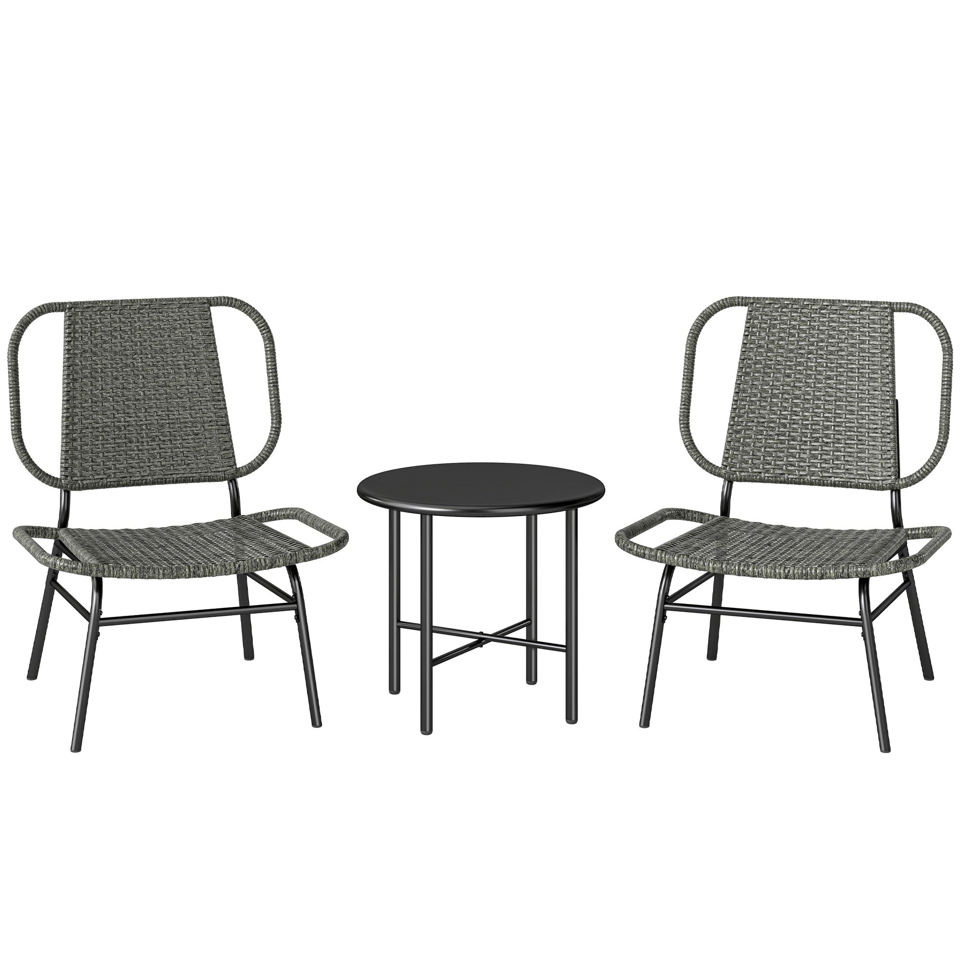 3 Piece Wicker Patio Furniture Set, Outdoor Bistro Set with 2 Armless Chairs, Steel Table, Rattan Outdoor Conversation Furniture for Porch Balcony, Grey