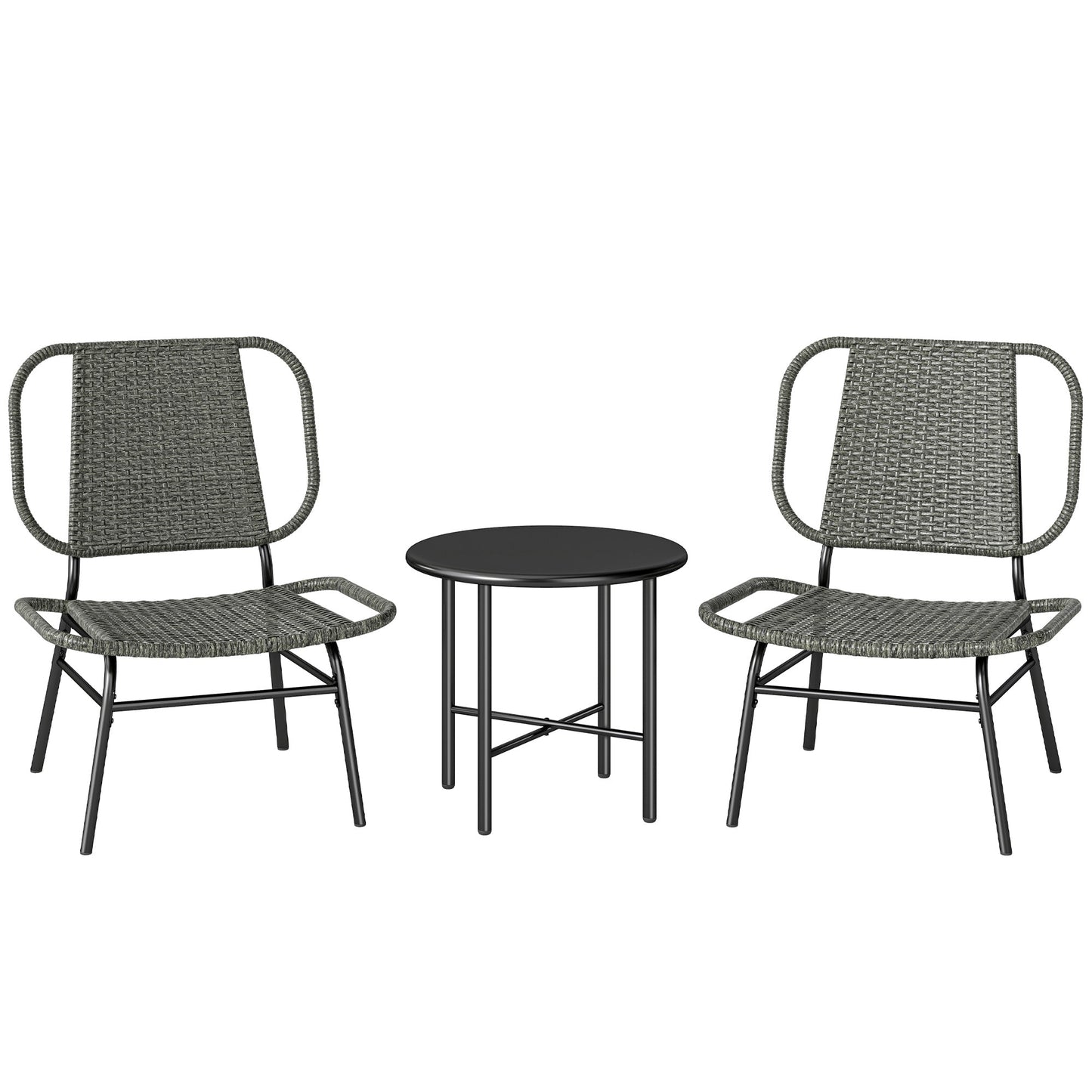 3 Piece Wicker Patio Furniture Set, Outdoor Bistro Set with 2 Armless Chairs, Steel Table, Rattan Outdoor Conversation Furniture for Porch Balcony, Grey