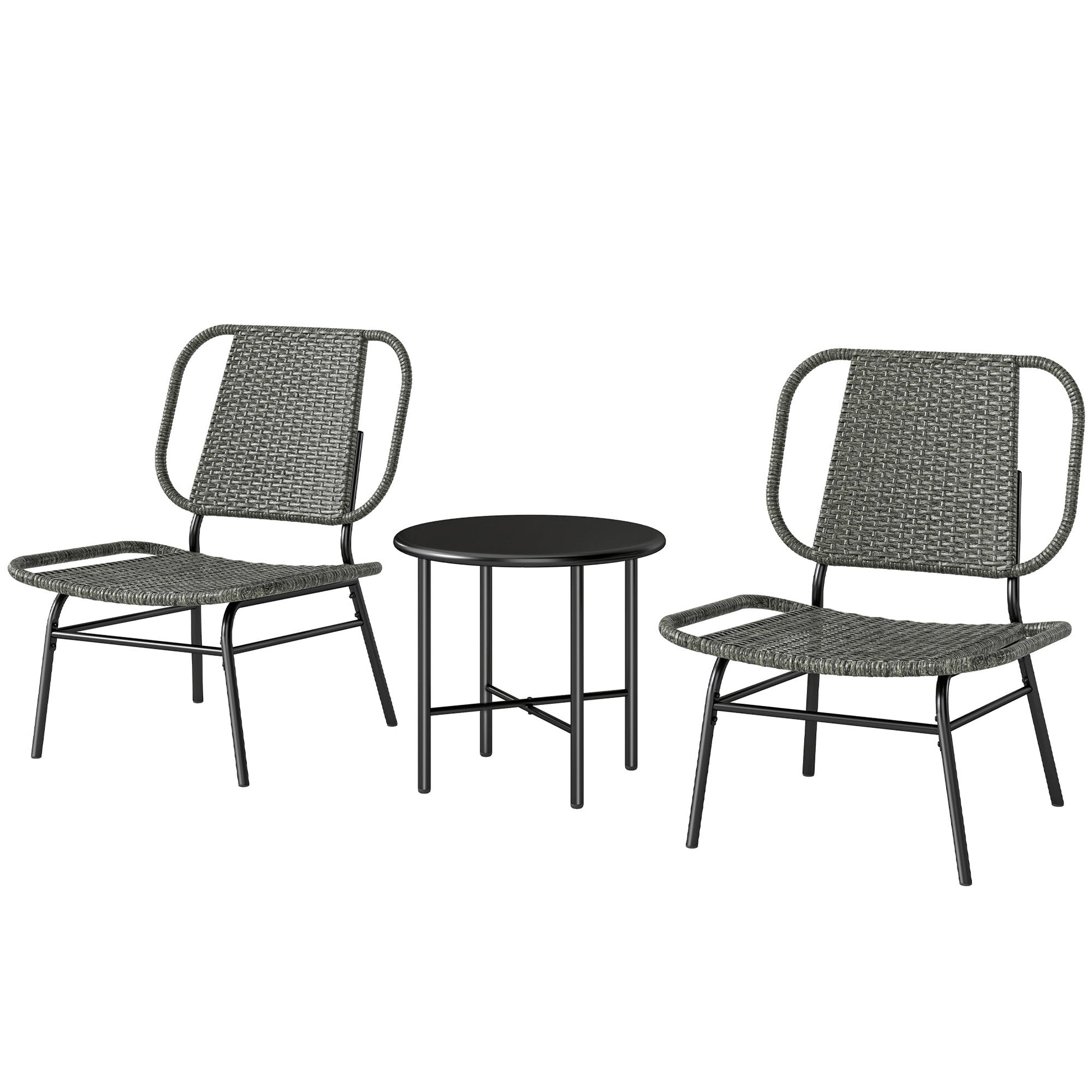 3 Piece Wicker Patio Furniture Set, Outdoor Bistro Set with 2 Armless Chairs, Steel Table, Rattan Outdoor Conversation Furniture for Porch Balcony, Grey