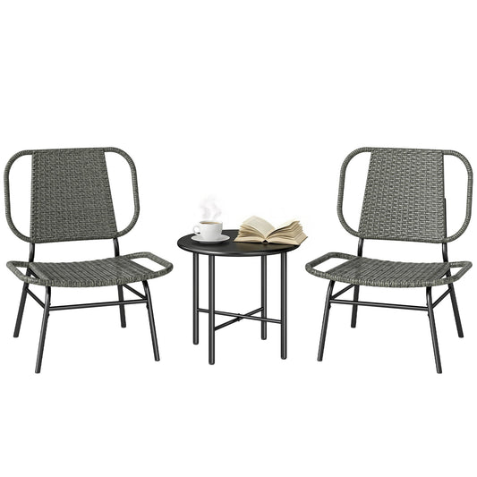 3 Piece Wicker Patio Furniture Set, Outdoor Bistro Set with 2 Armless Chairs, Steel Table, Rattan Outdoor Conversation Furniture for Porch Balcony, Grey