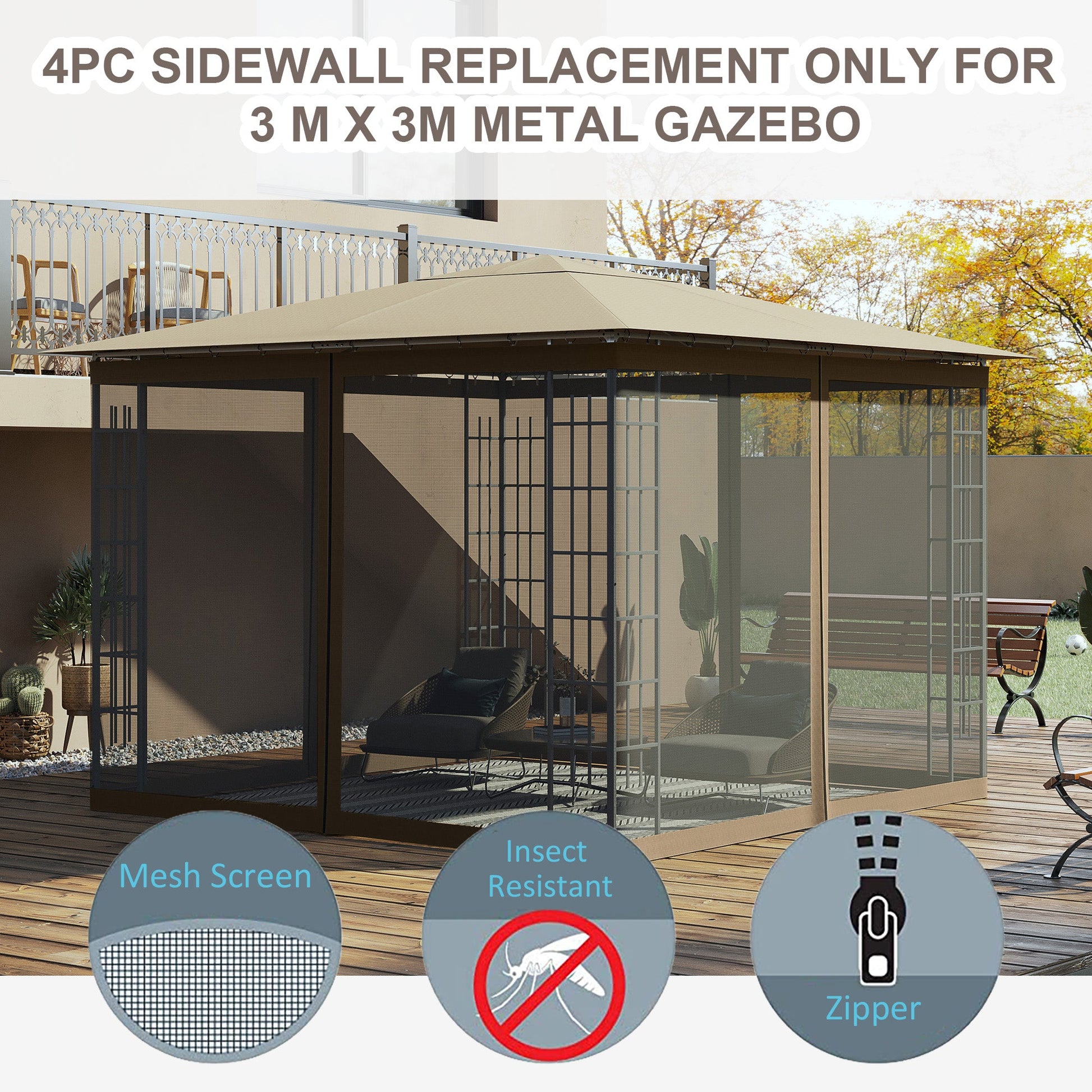 Replacement Mosquito Netting for Gazebo 10' x 10' Black Screen Walls for Canopy with Zippers for Parties and Outdoor Activities, Khaki