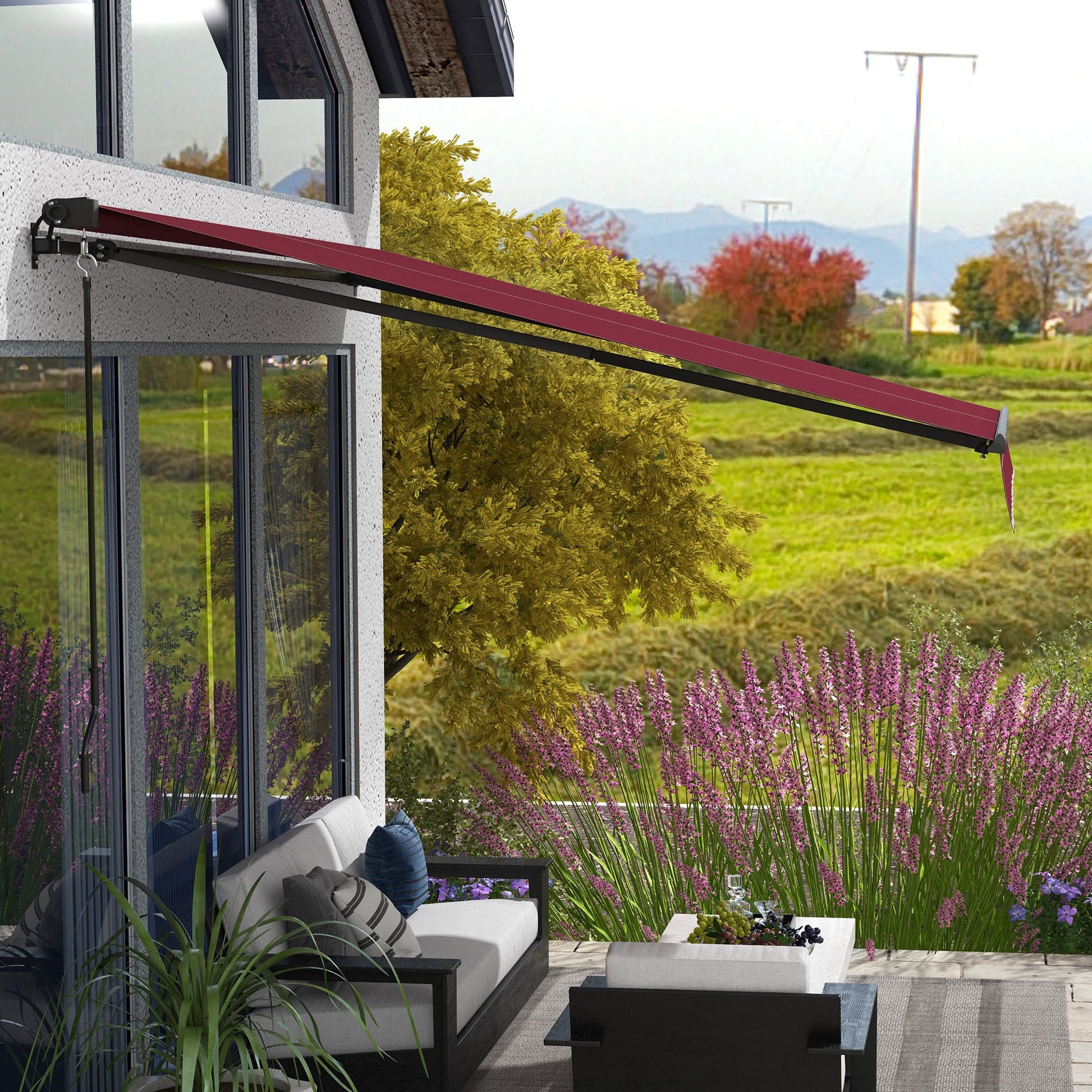  12' x 10' Retractable Awning, Patio Awning Sunshade Shelter with Manual Crank Handle, 280gsm UV Resistant Fabric and Aluminum Frame, for Balcony, Yard, Wine Red
