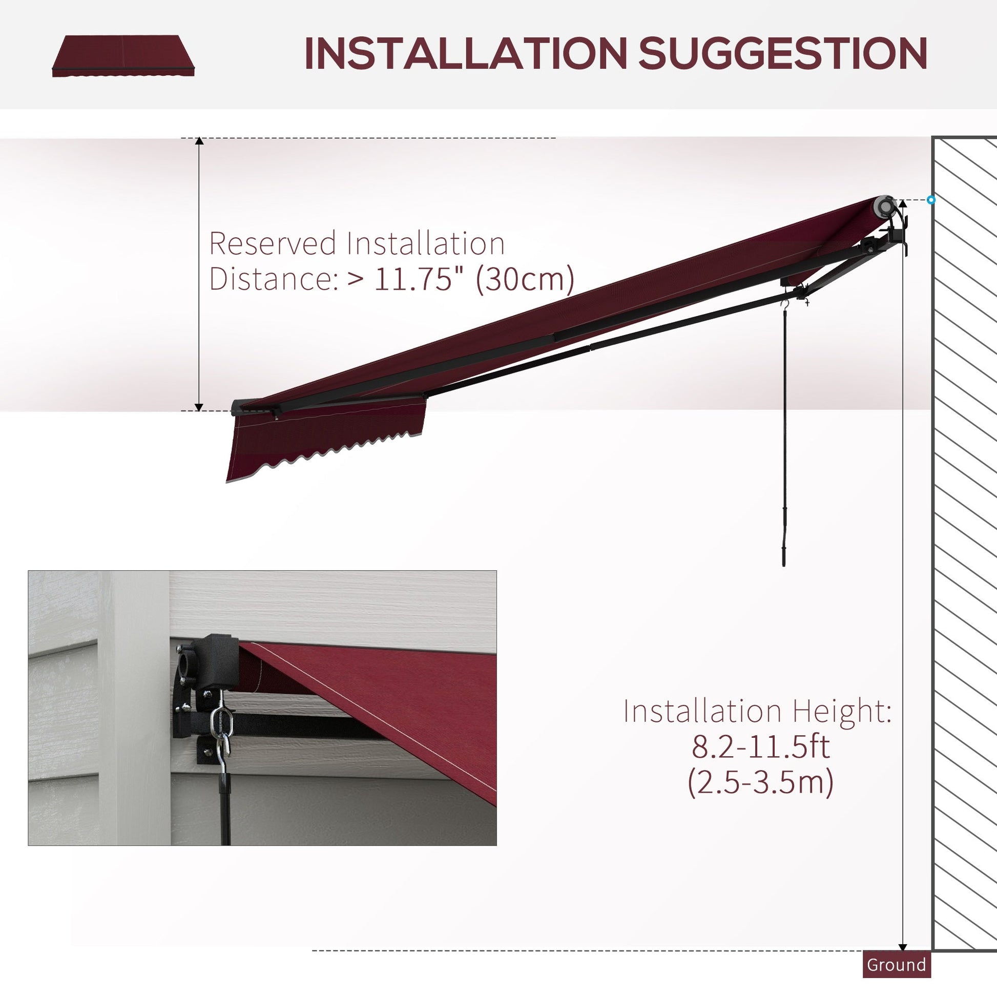  12' x 10' Retractable Awning, Patio Awning Sunshade Shelter with Manual Crank Handle, 280gsm UV Resistant Fabric and Aluminum Frame, for Balcony, Yard, Wine Red