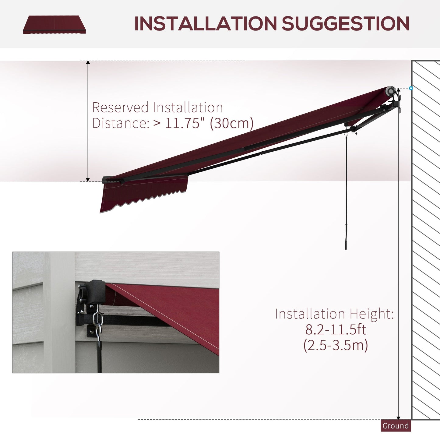  12' x 10' Retractable Awning, Patio Awning Sunshade Shelter with Manual Crank Handle, 280gsm UV Resistant Fabric and Aluminum Frame, for Balcony, Yard, Wine Red