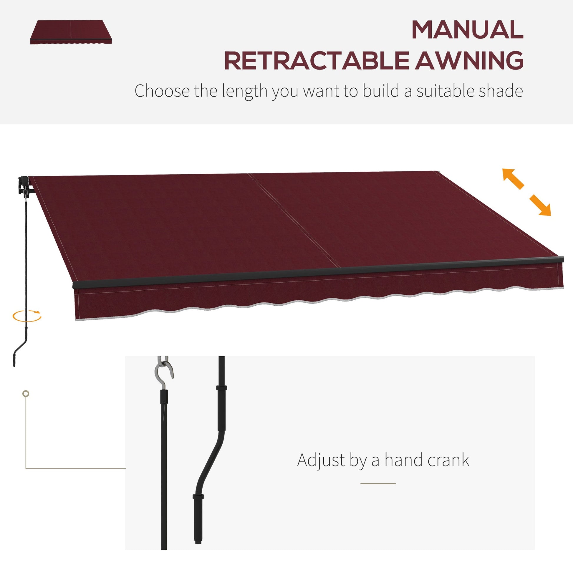  12' x 10' Retractable Awning, Patio Awning Sunshade Shelter with Manual Crank Handle, 280gsm UV Resistant Fabric and Aluminum Frame, for Balcony, Yard, Wine Red
