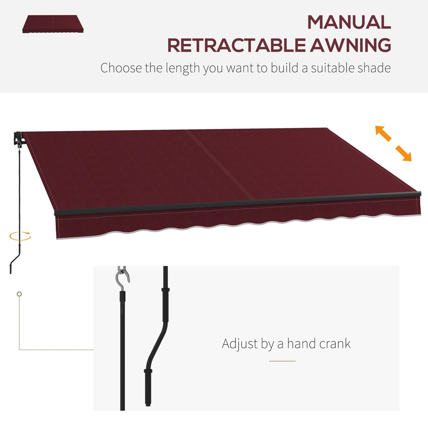  12' x 10' Retractable Awning, Patio Awning Sunshade Shelter with Manual Crank Handle, 280gsm UV Resistant Fabric and Aluminum Frame, for Balcony, Yard, Wine Red