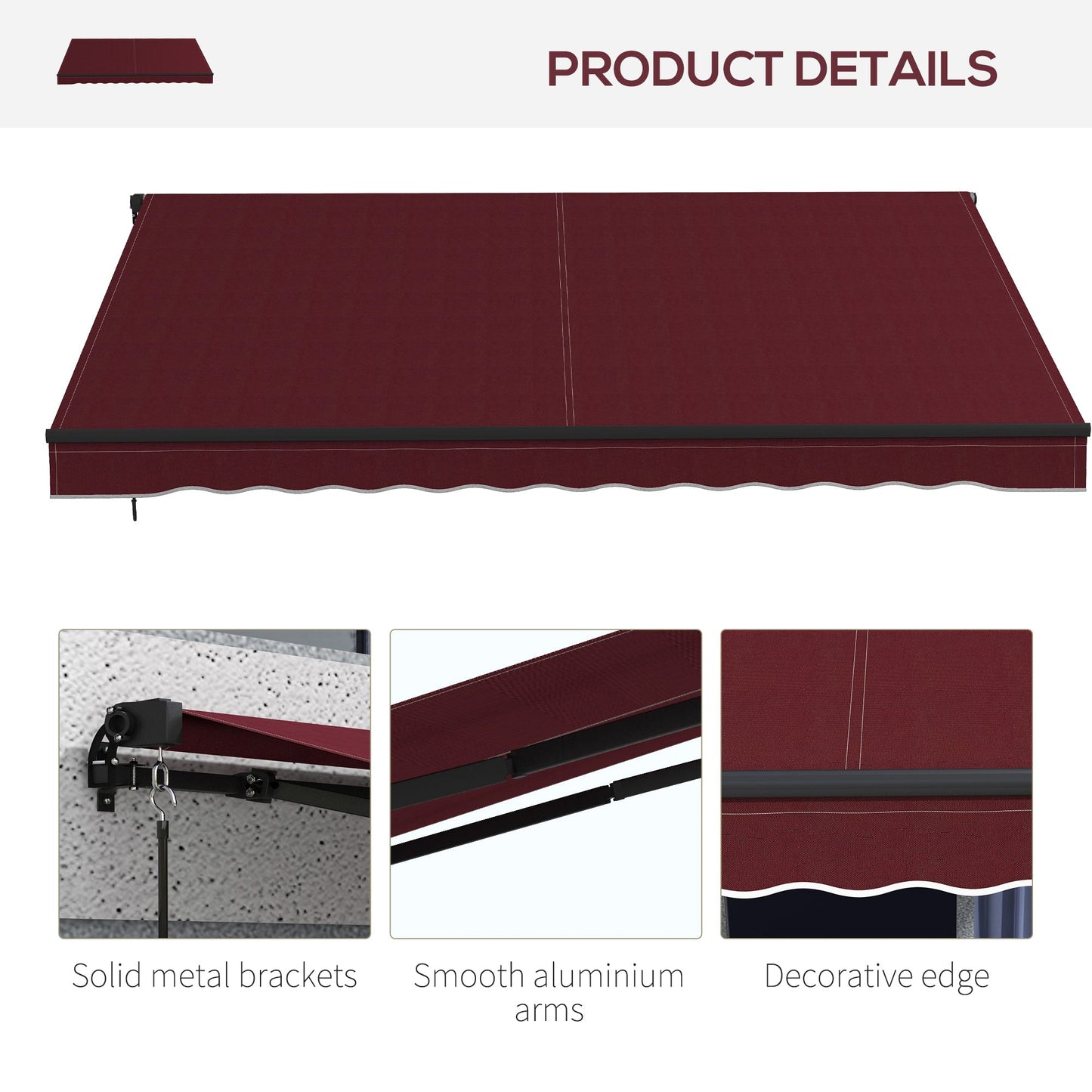  12' x 10' Retractable Awning, Patio Awning Sunshade Shelter with Manual Crank Handle, 280gsm UV Resistant Fabric and Aluminum Frame, for Balcony, Yard, Wine Red