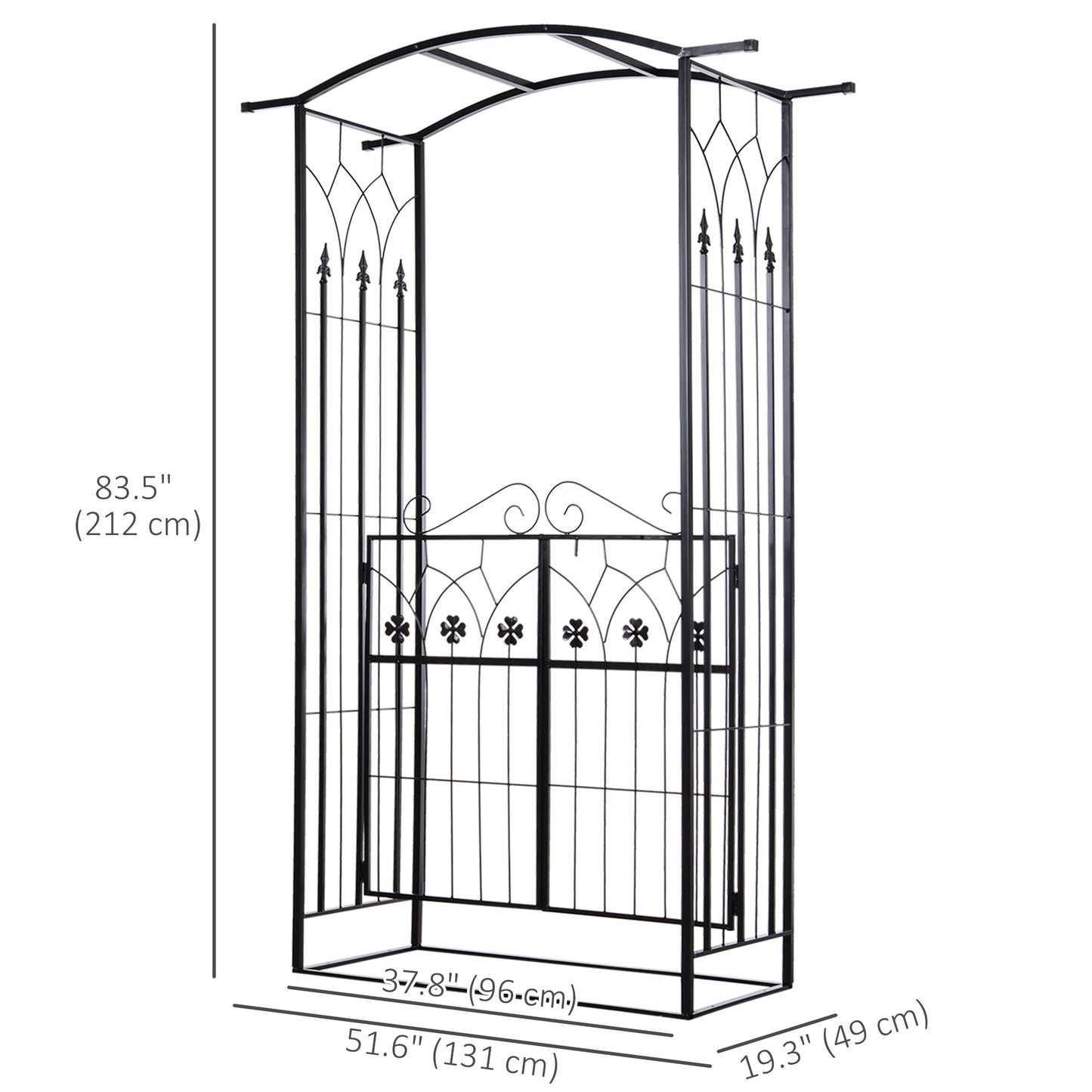 7' Metal Garden Arch with Gate, Outdoor Trellis Arbor Backdrop Stand with Lucky Leaf Clover Doors, for Ceremony, Weddings, Party, Garden, Backyard and Lawn, Black
